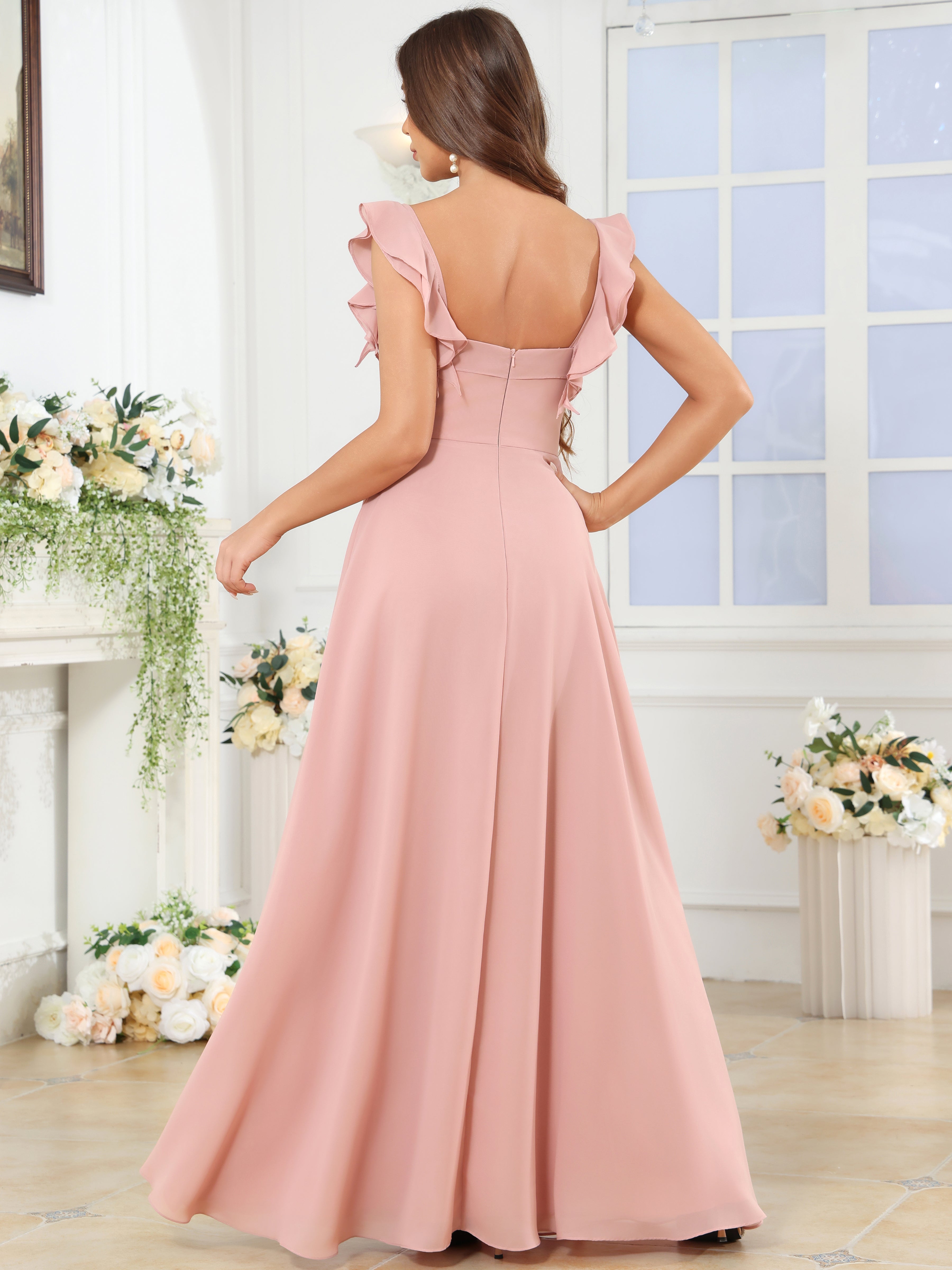 ROVDESY Square Neck Ruffle Chffion Bridesmaid Dress With Slit