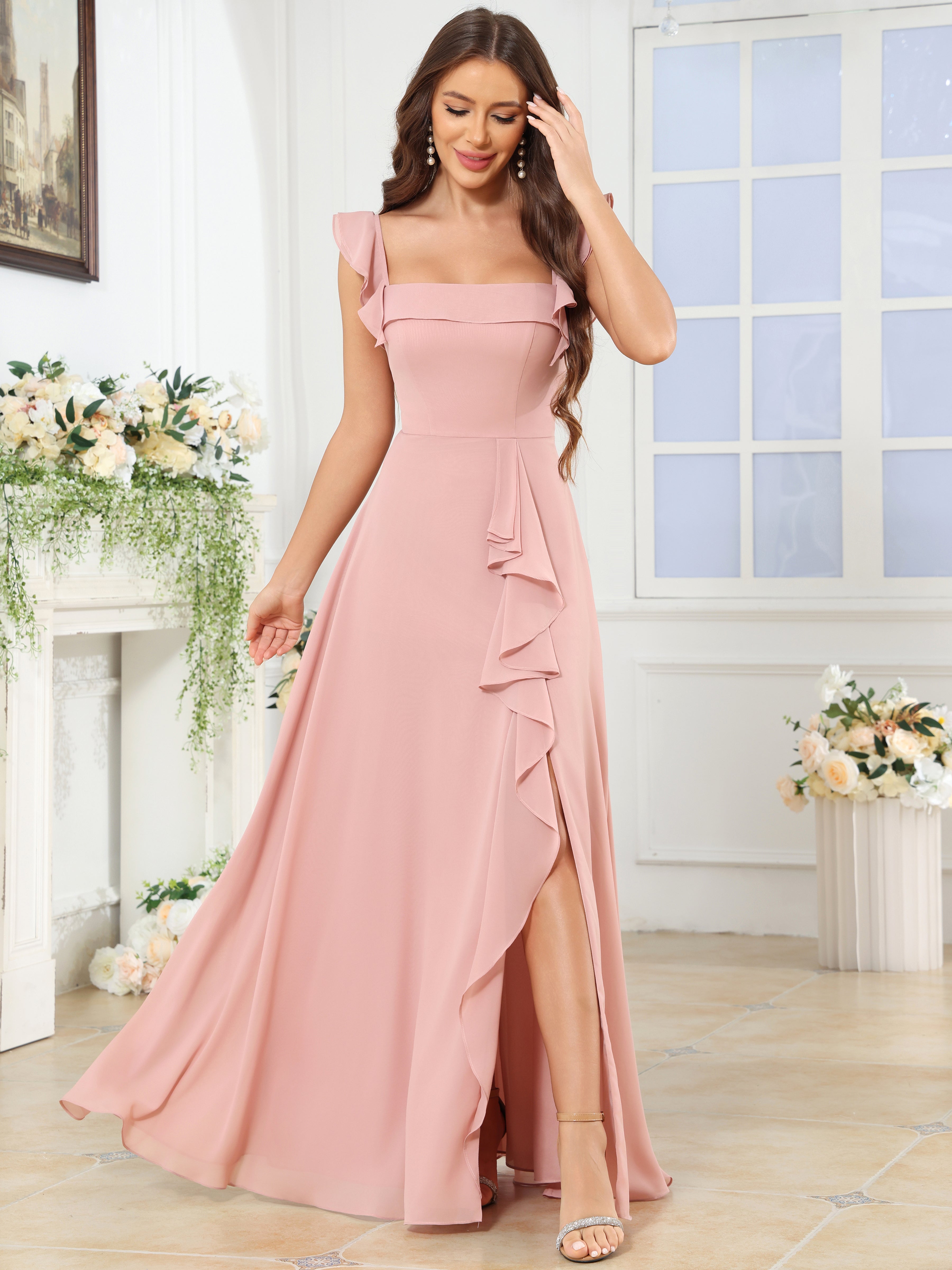 ROVDESY Square Neck Ruffle Chffion Bridesmaid Dress With Slit