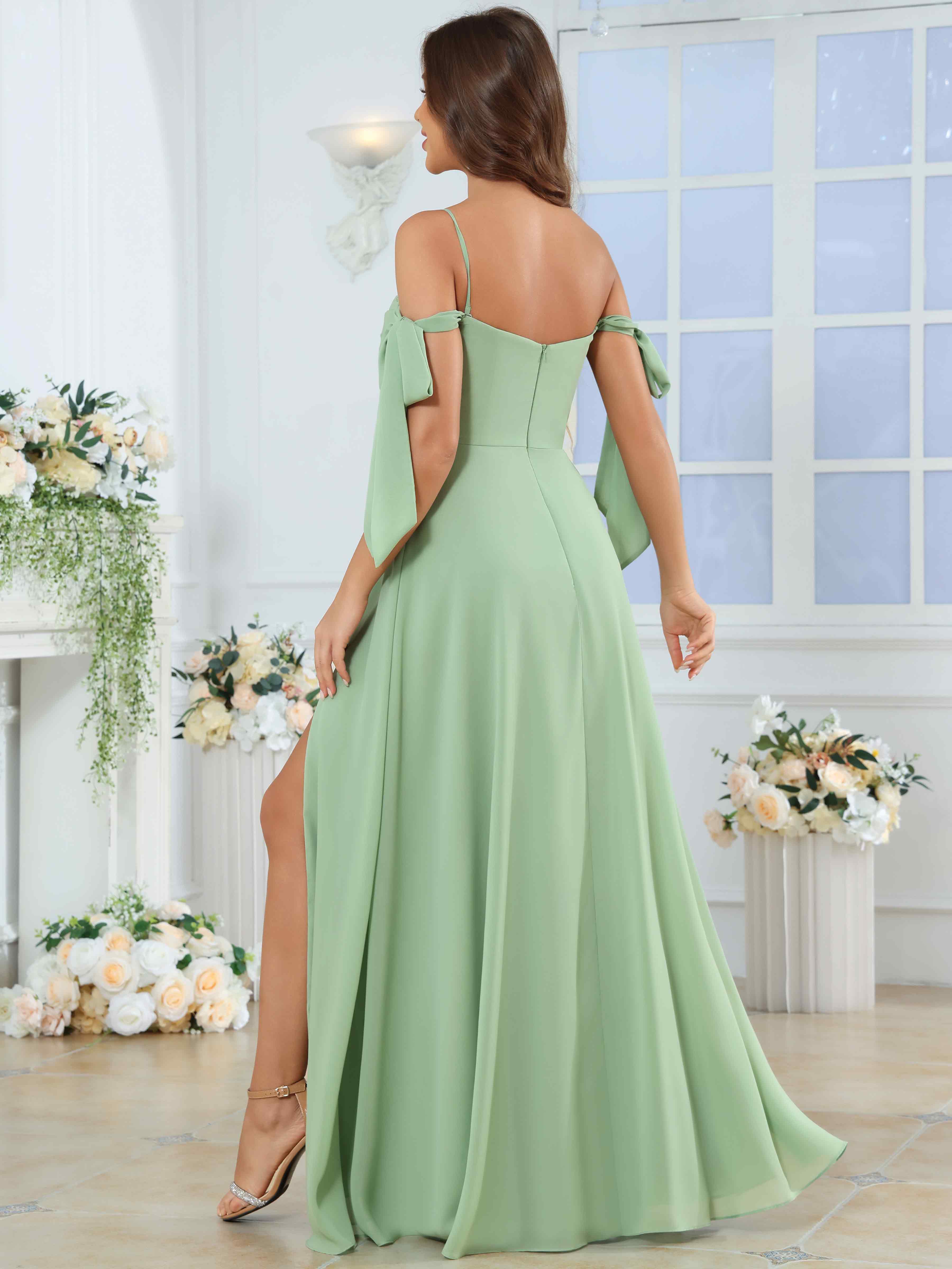 ROVDESY Spaghetti Strap Pleated Ruffle Slit Chiffon Bridesmaid Dress With Bow Sleeves