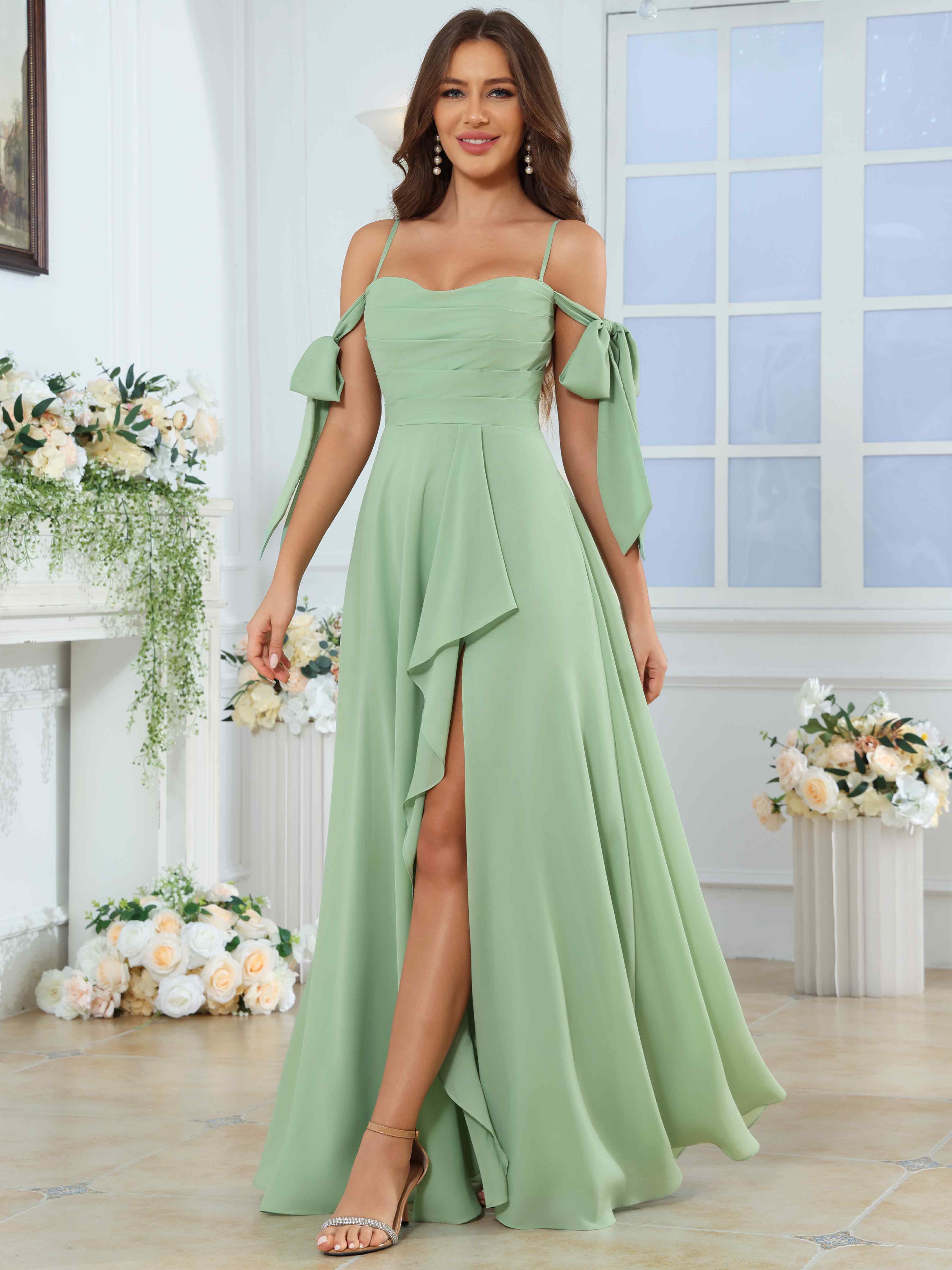 ROVDESY Spaghetti Strap Pleated Ruffle Slit Chiffon Bridesmaid Dress With Bow Sleeves