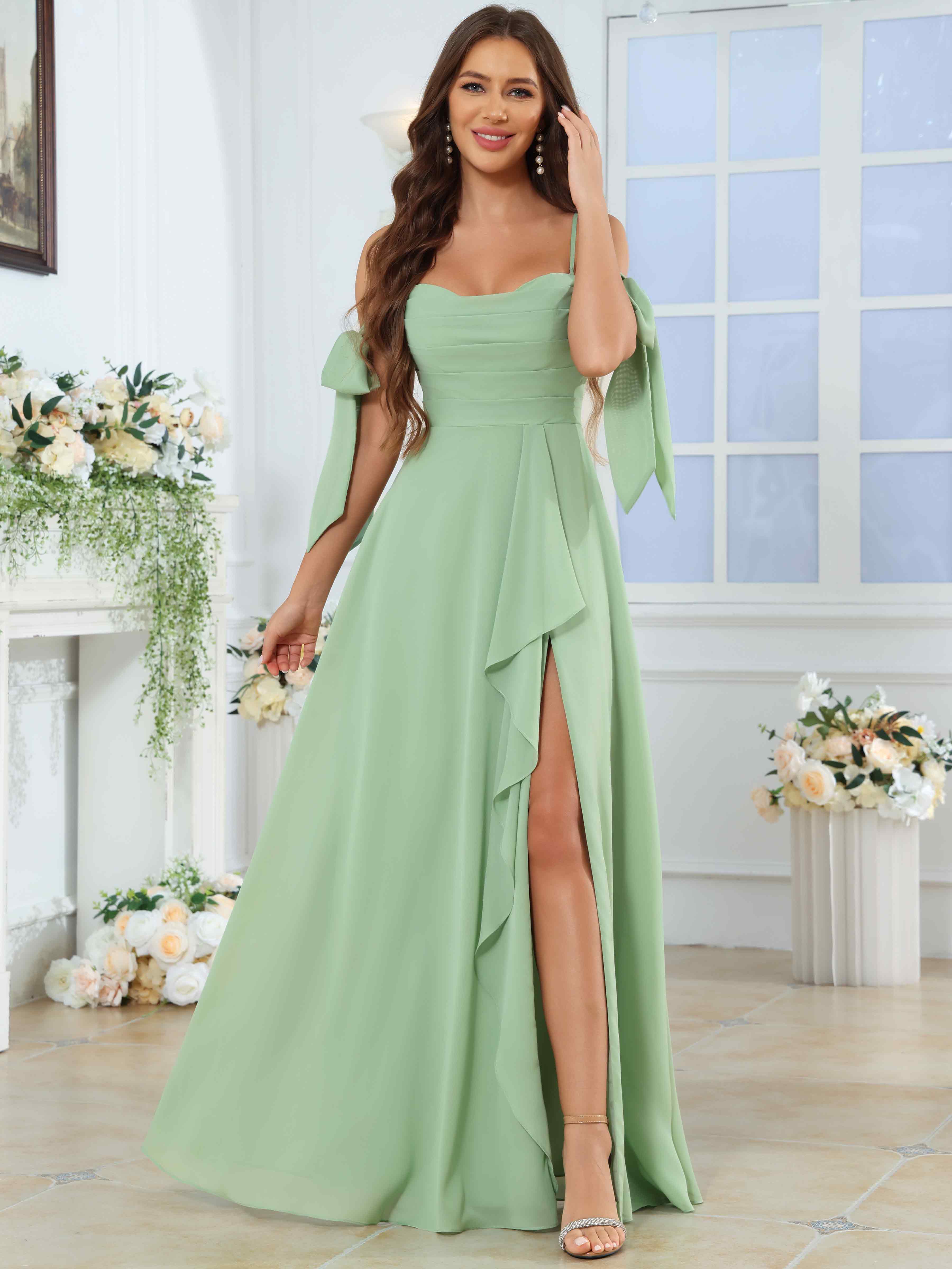 ROVDESY Spaghetti Strap Pleated Ruffle Slit Chiffon Bridesmaid Dress With Bow Sleeves
