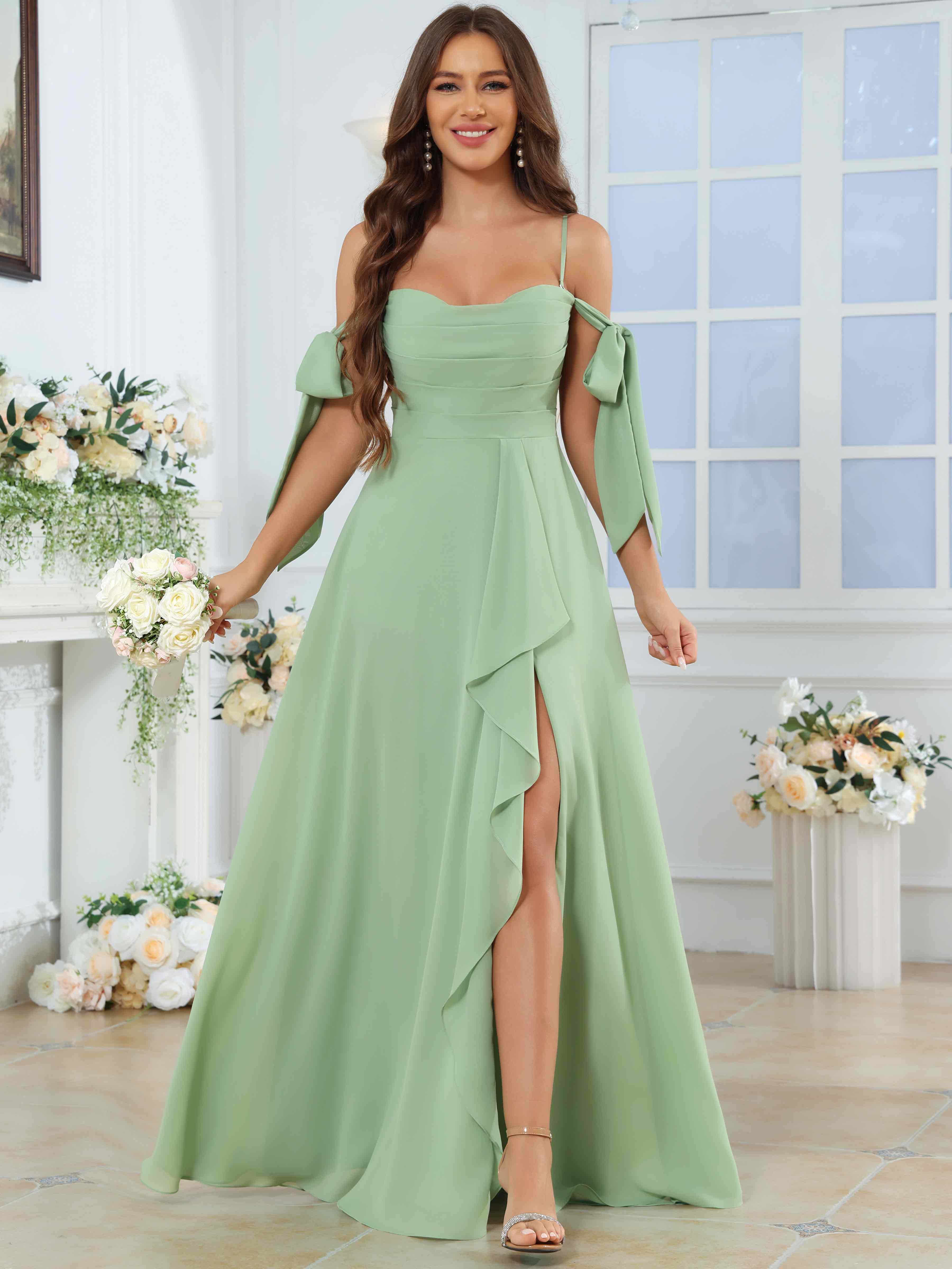 ROVDESY Spaghetti Strap Pleated Ruffle Slit Chiffon Bridesmaid Dress With Bow Sleeves