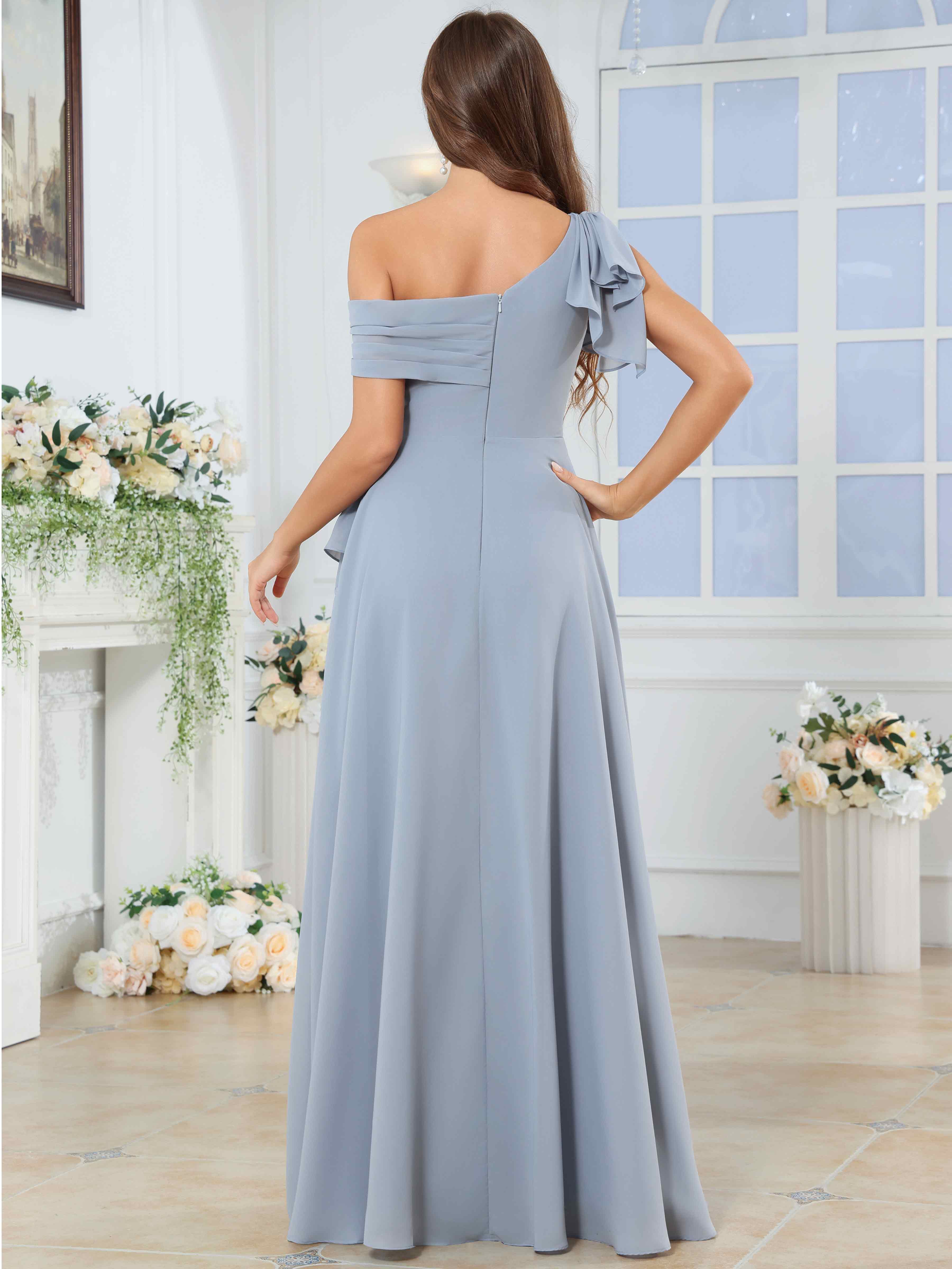 ROVDESY One Shoulder Pleated Ruffle Chiffon Bridesmaid Dress With Slit