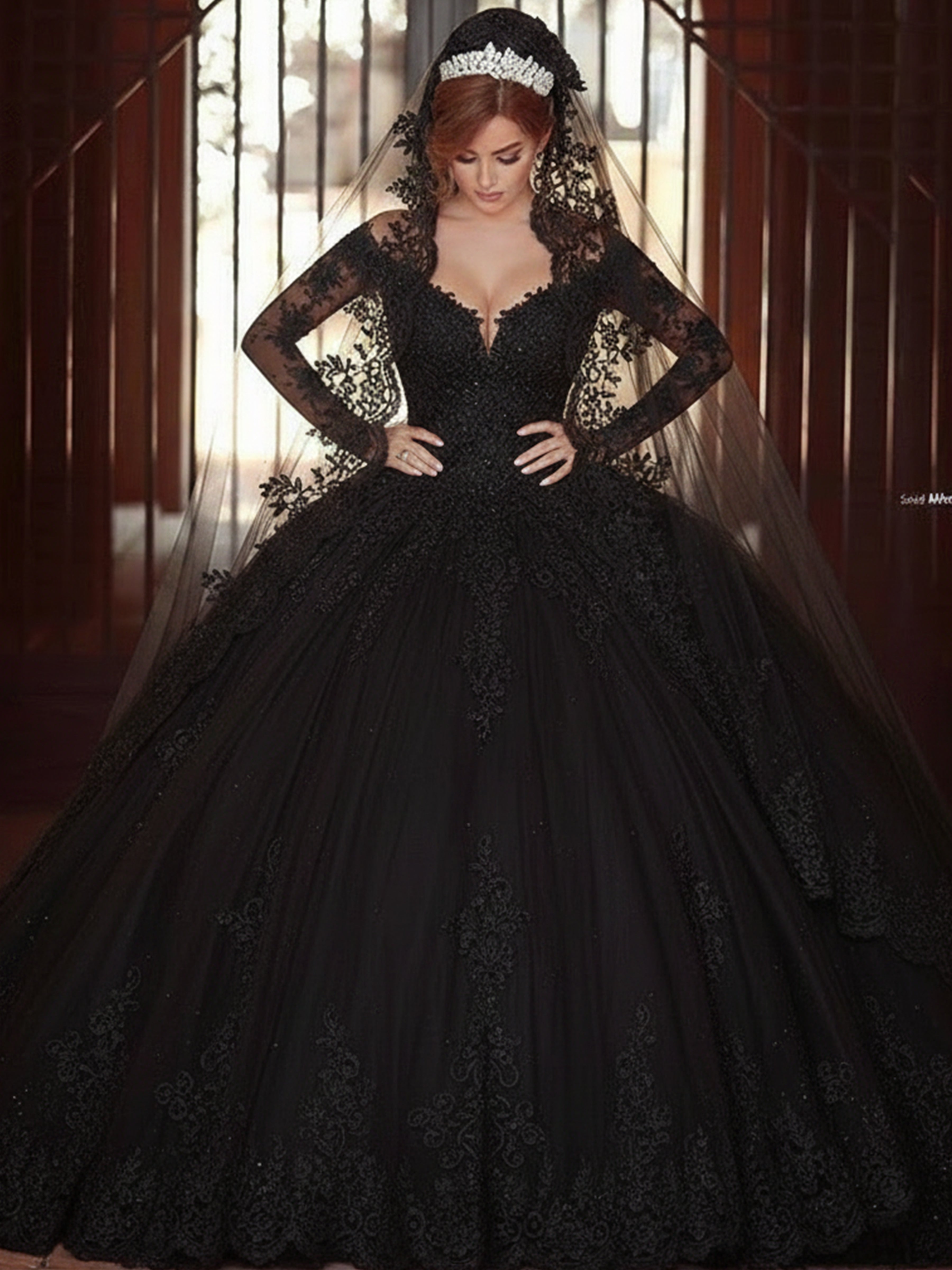 ROVDESY Off The Shoulder Long Sleeve Lace Appliques Ball Gown Wedding Dress with Cathedral Train