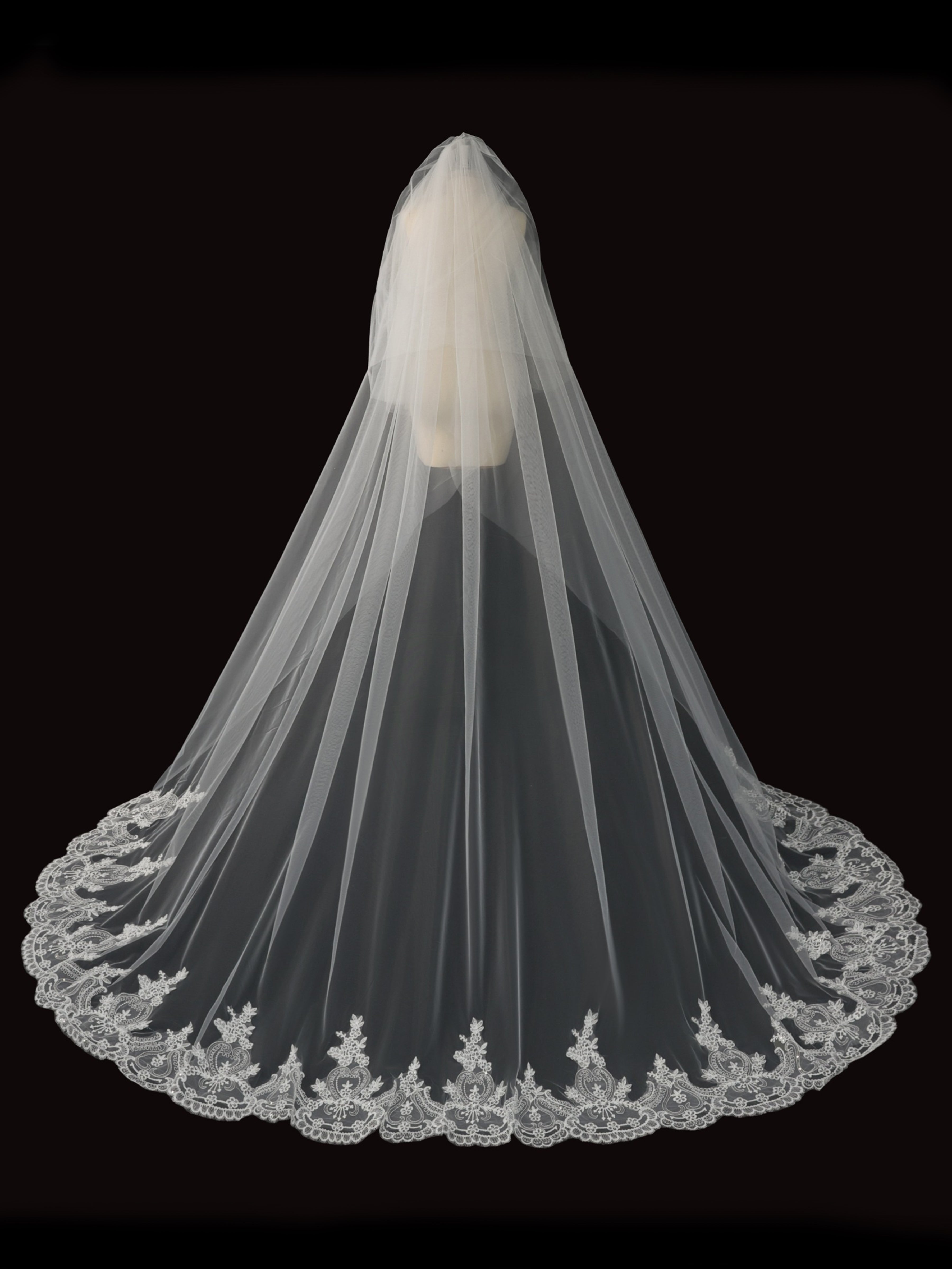 ROVDESY Two-Tier Cathedral Wedding Veil with Vintage Floral Lace Trim & Metal Comb