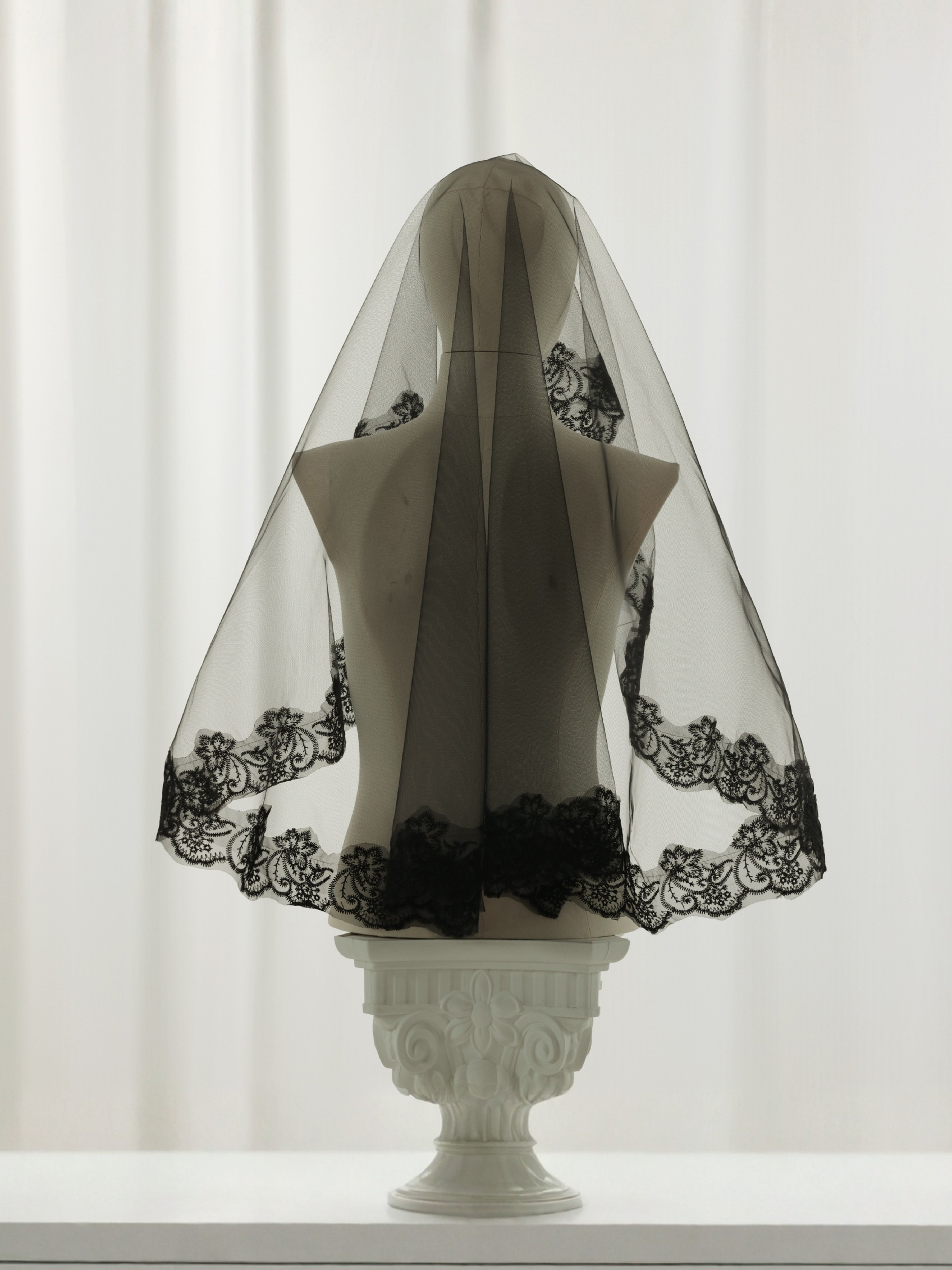 ROVDESY Single Tier Fingertip Length Black Floral Lace Bridal Veil