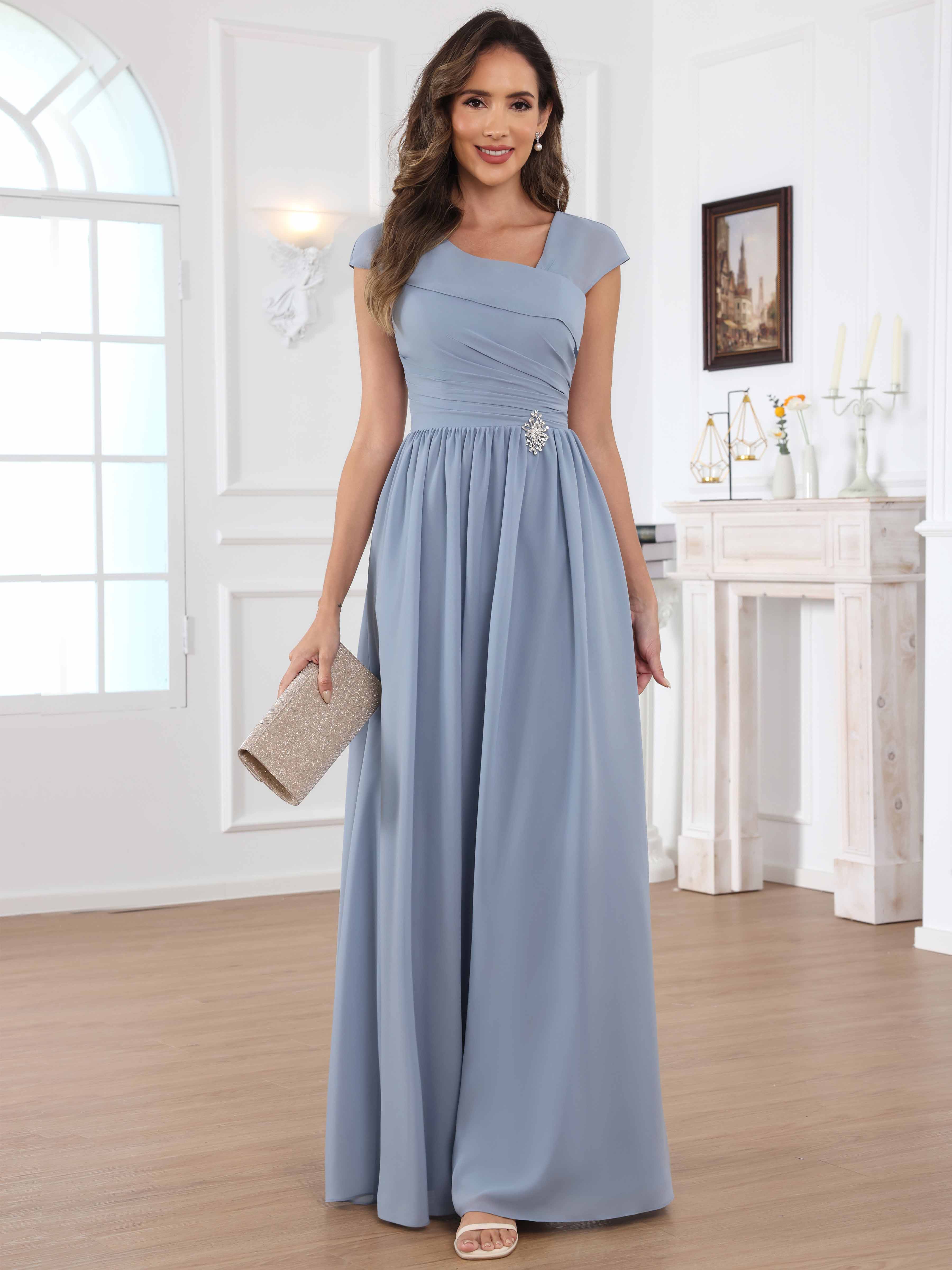 ROVDESY A-Line Cap Sleeves Pleated Chiffon Mother Of The Bride Dress
