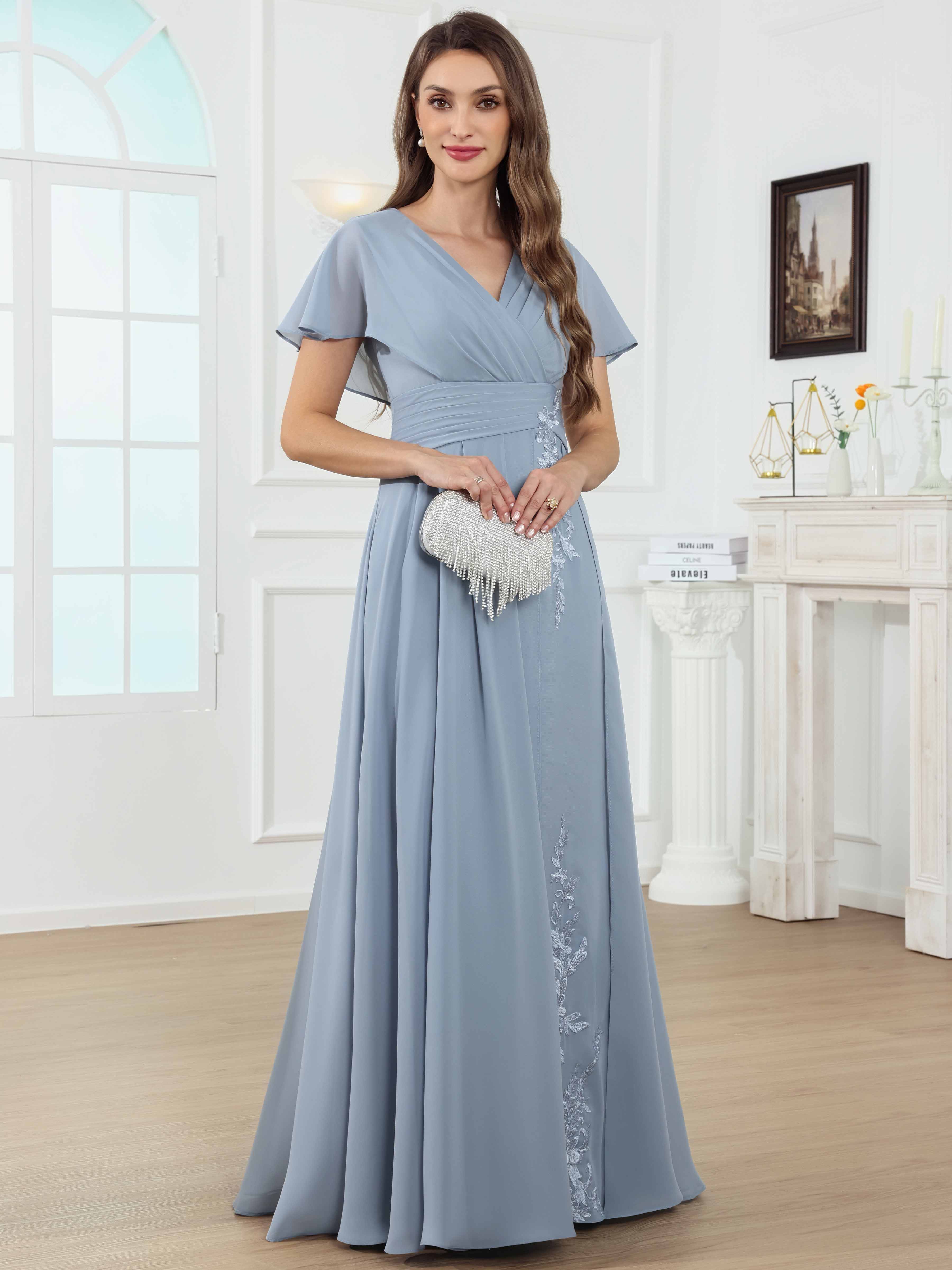 ROVDESY A-Line V-Neck Pleated Lace Chiffon Mother Of The Bride Dress With Short Sleeves