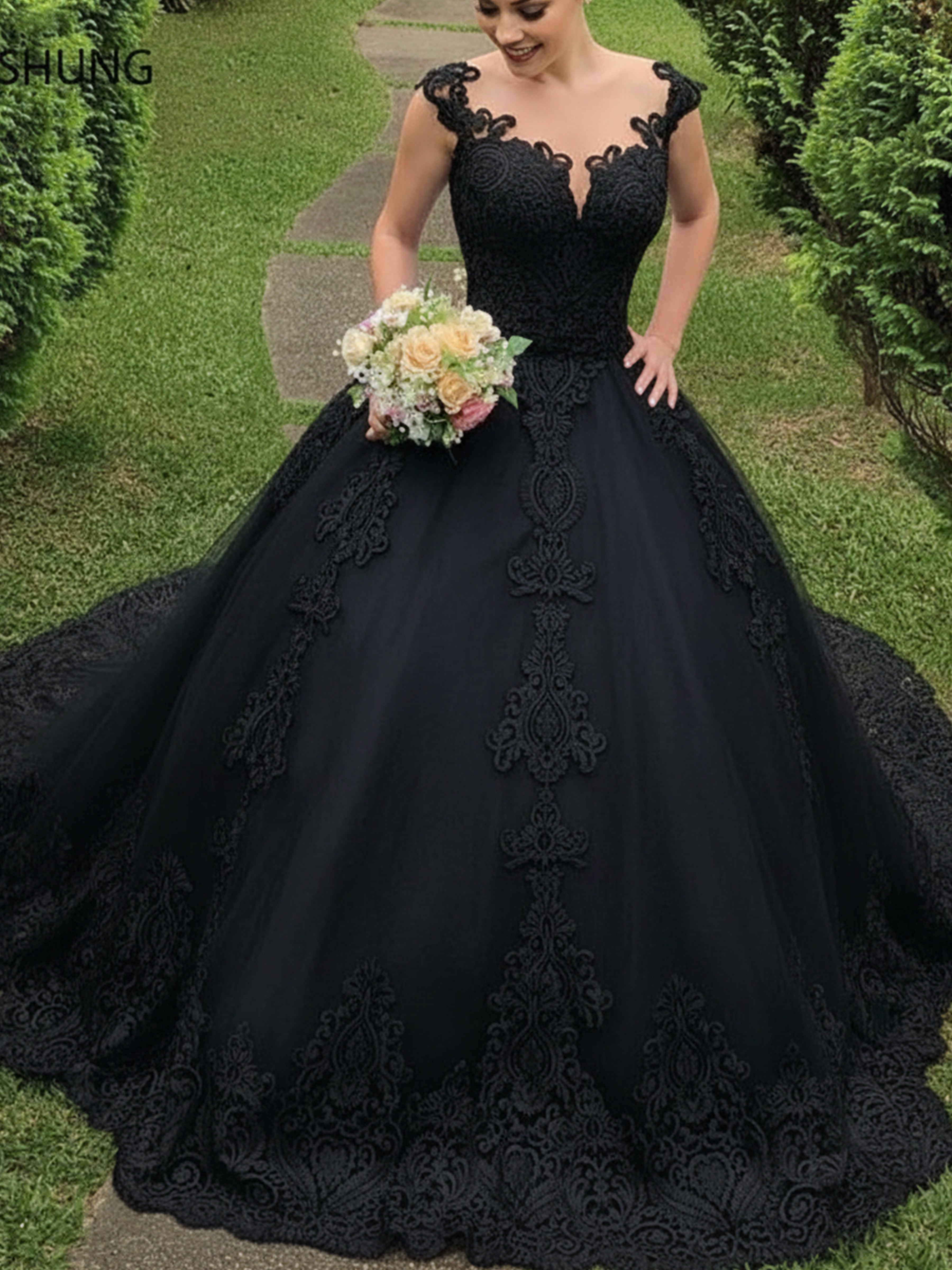 ROVDESY Cap Sleeve Illusion Lace Applique Ball Gown Wedding Dress for Bride