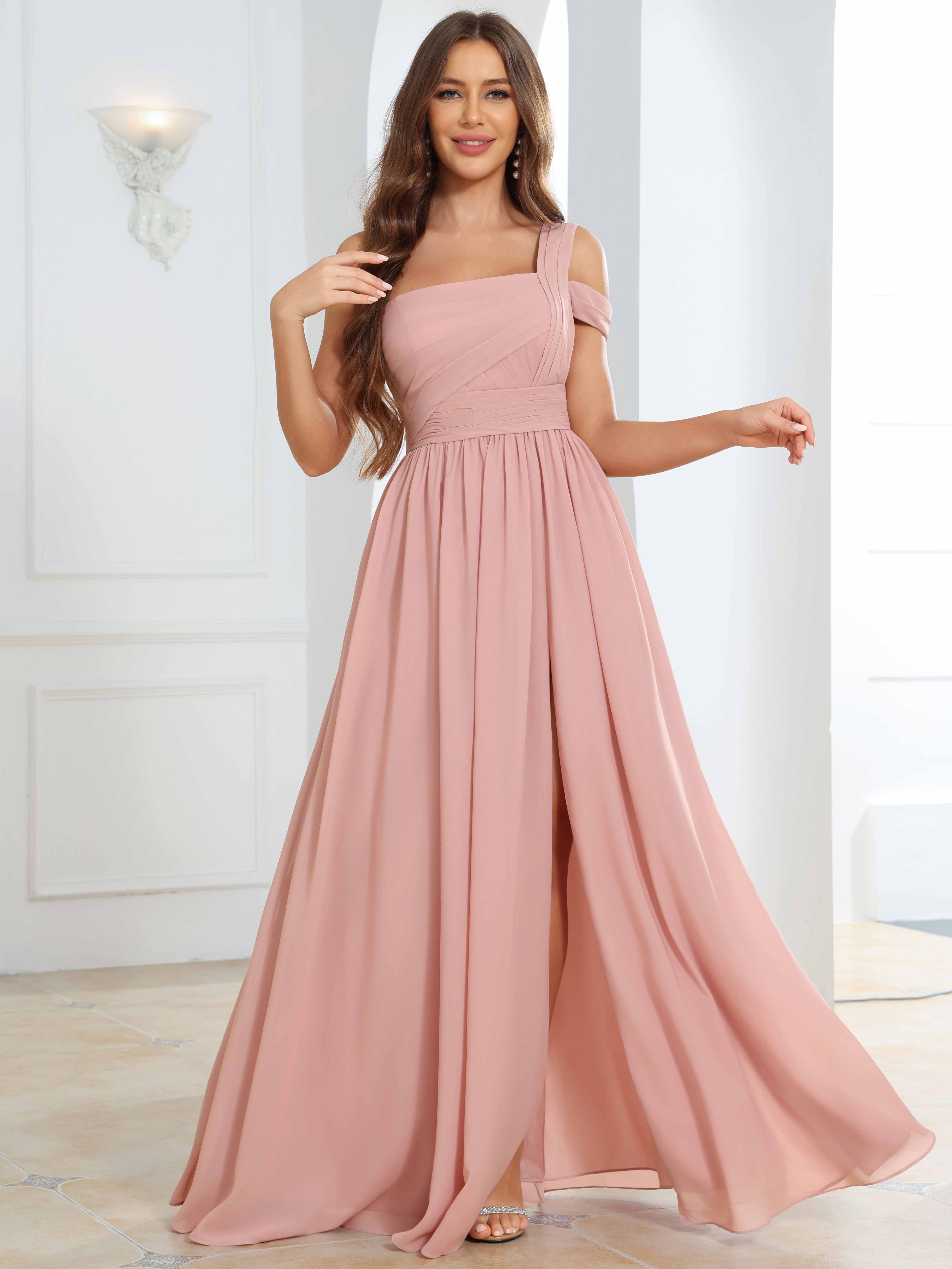 ROVDESY One Shoulder Pleated Chiffon Bridesmaid Dress With Slit