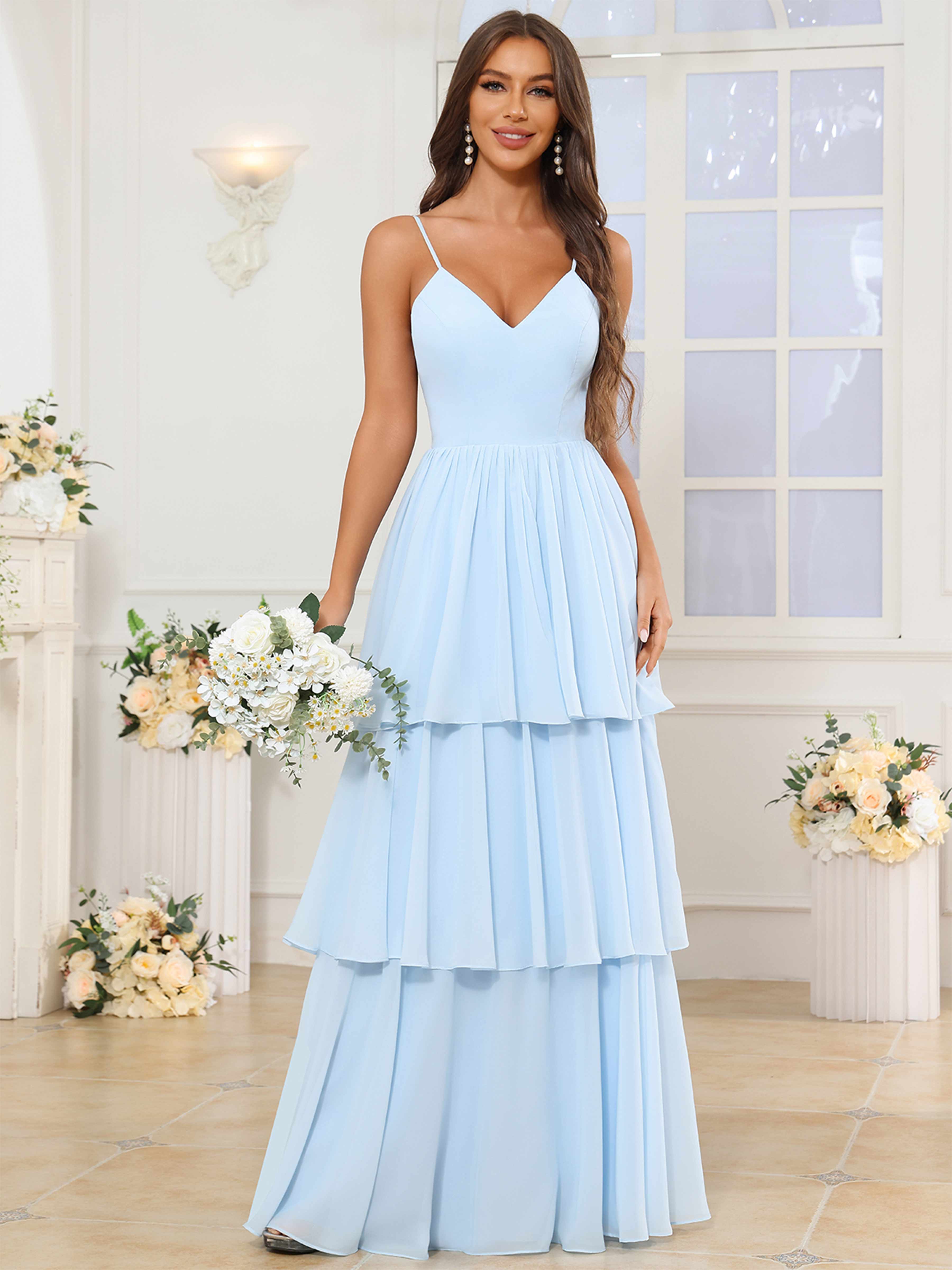 ROVDESY V-Neck Spaghetti Straps Tiered Chiffon Bridesmaid Dress With Ruffles