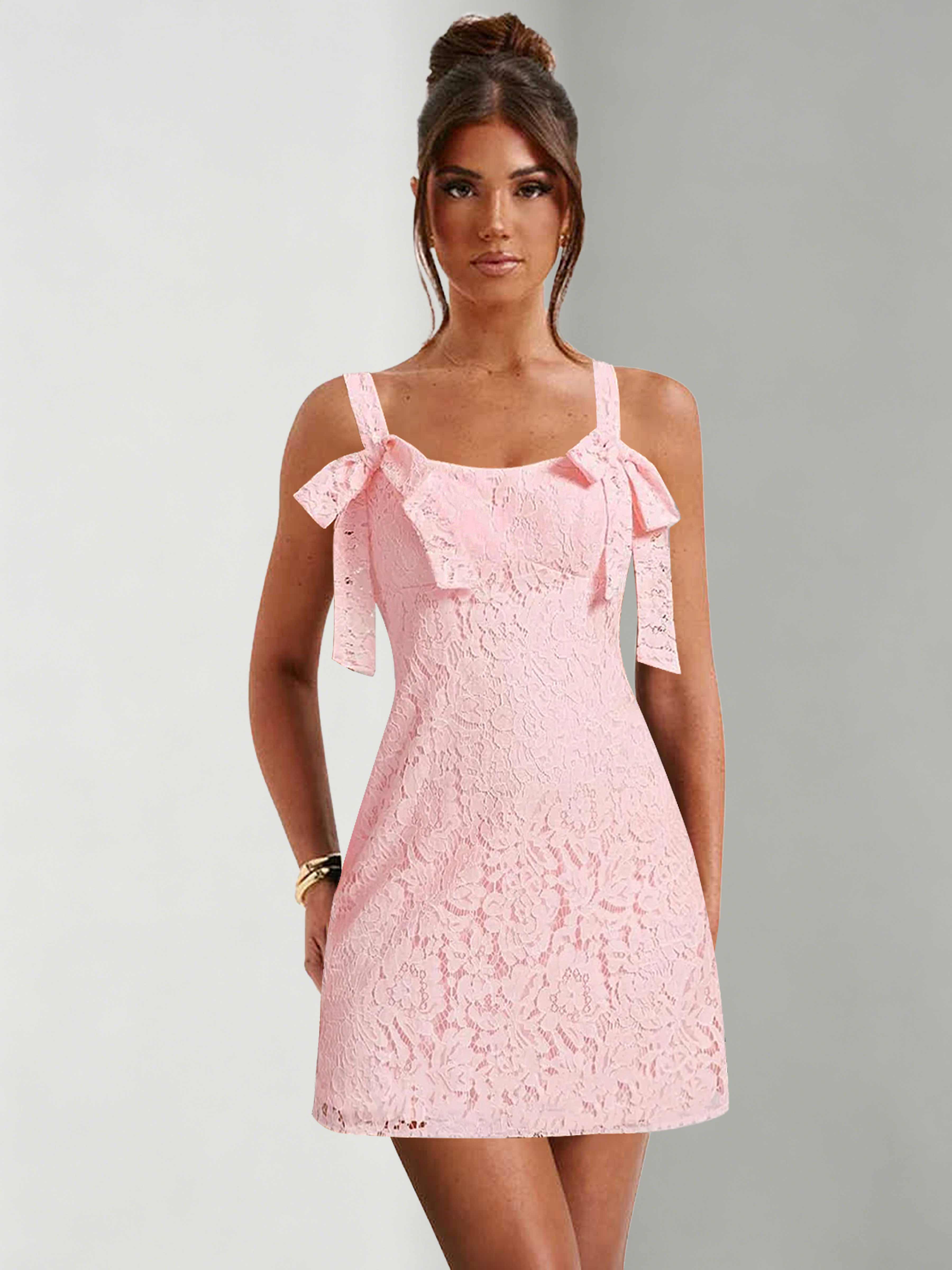 ROVDESY Bow Tie Spaghetti Strap A-Line  Floral Lace Mini Dress