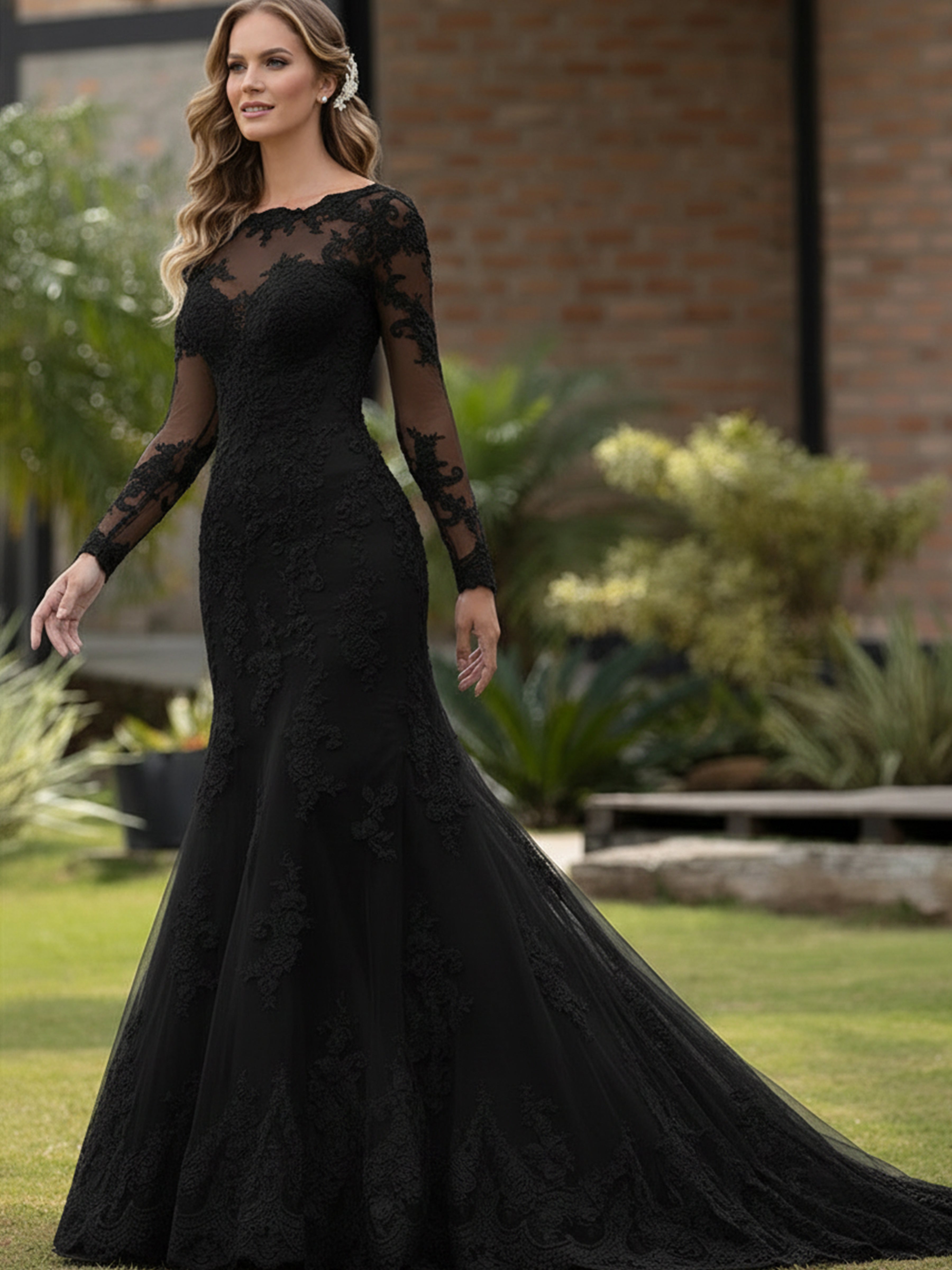 ROVDESY  Long Sleeve Illusion Neck Lace Mermaid Wedding Dress with Sweep Train