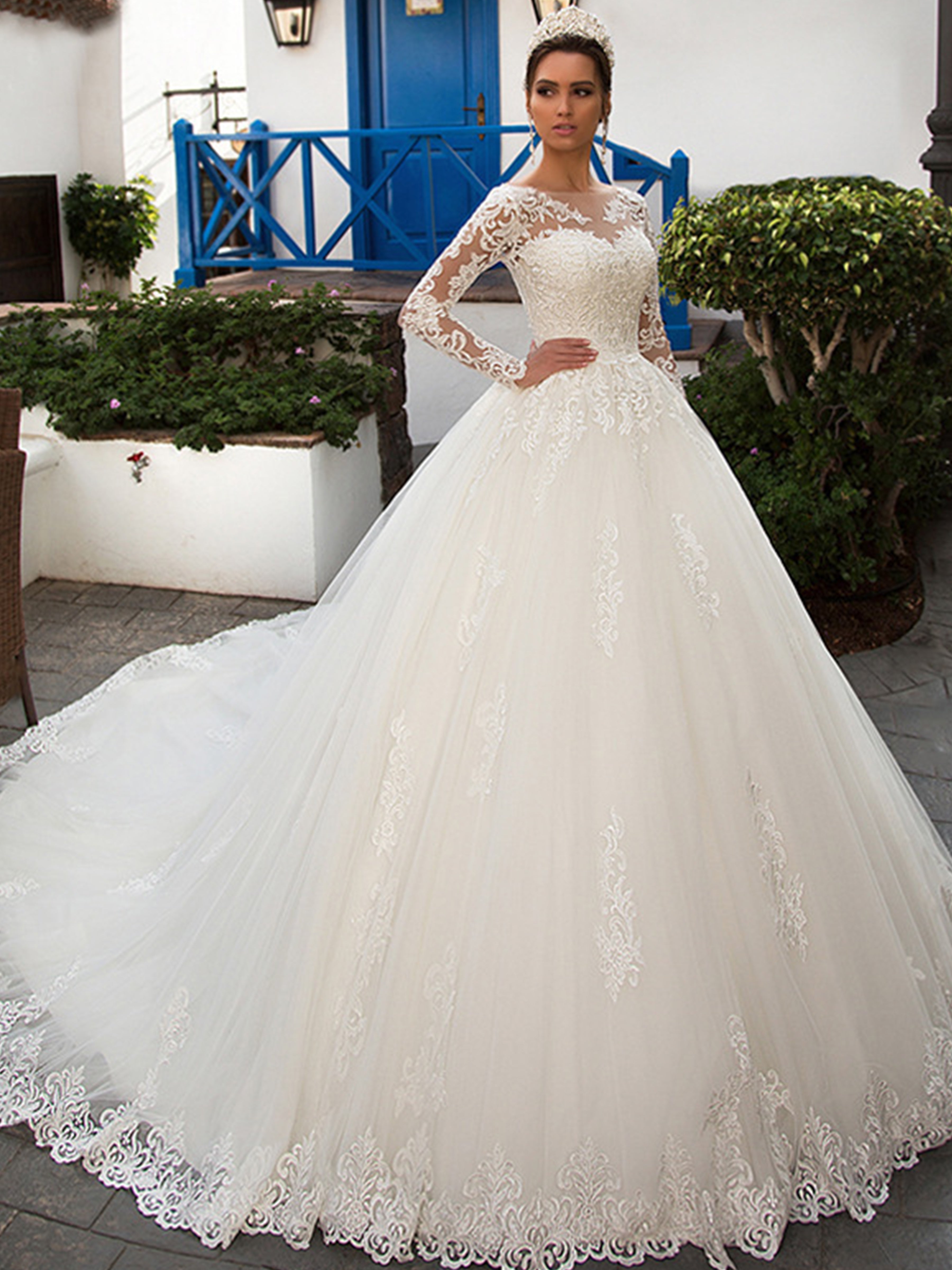 ROVDESY Long Sleeve Illusion Neck Lace A-Line Wedding Dress with Cathedral Train