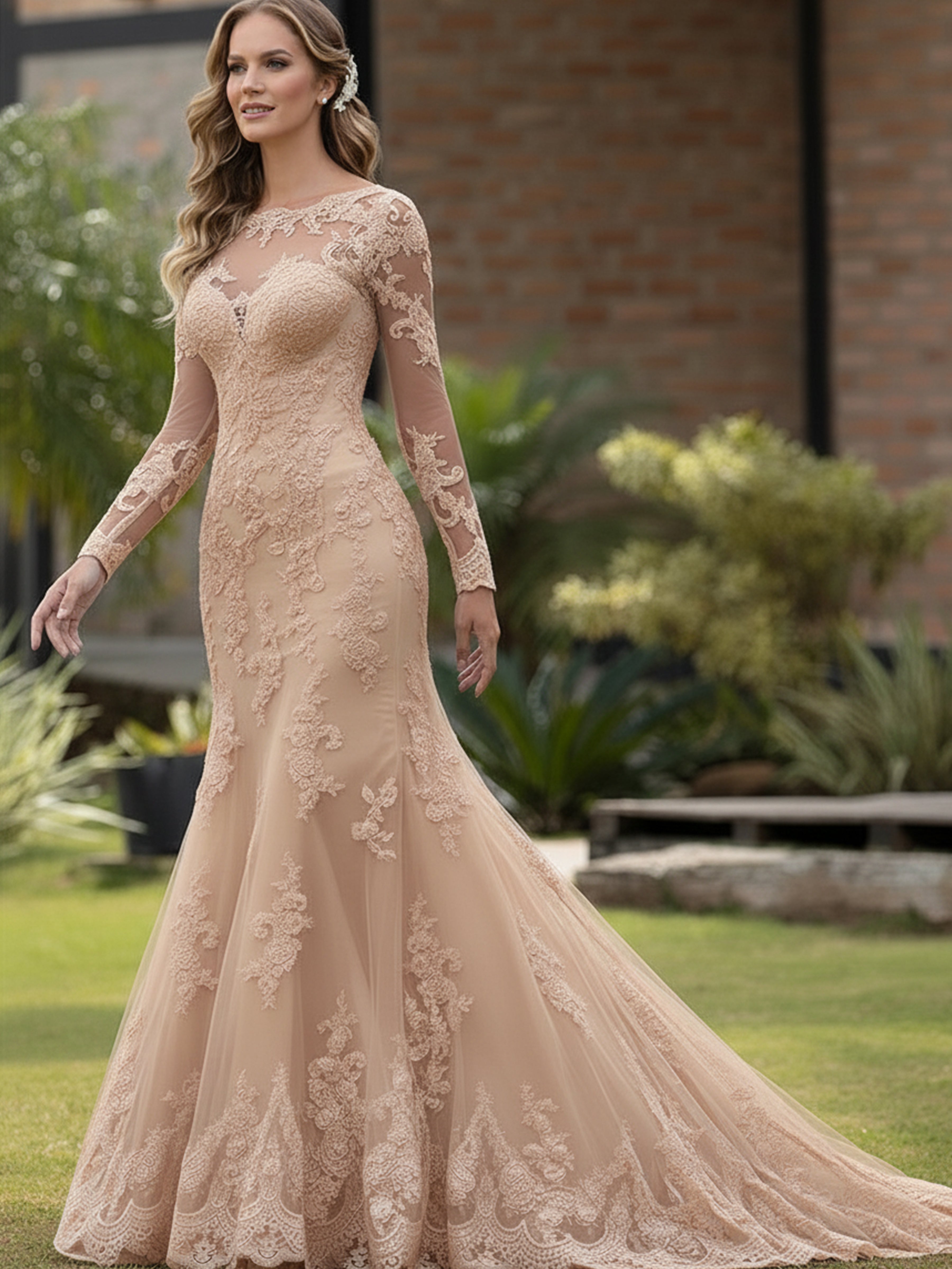 ROVDESY  Long Sleeve Illusion Neck Lace Mermaid Wedding Dress with Sweep Train