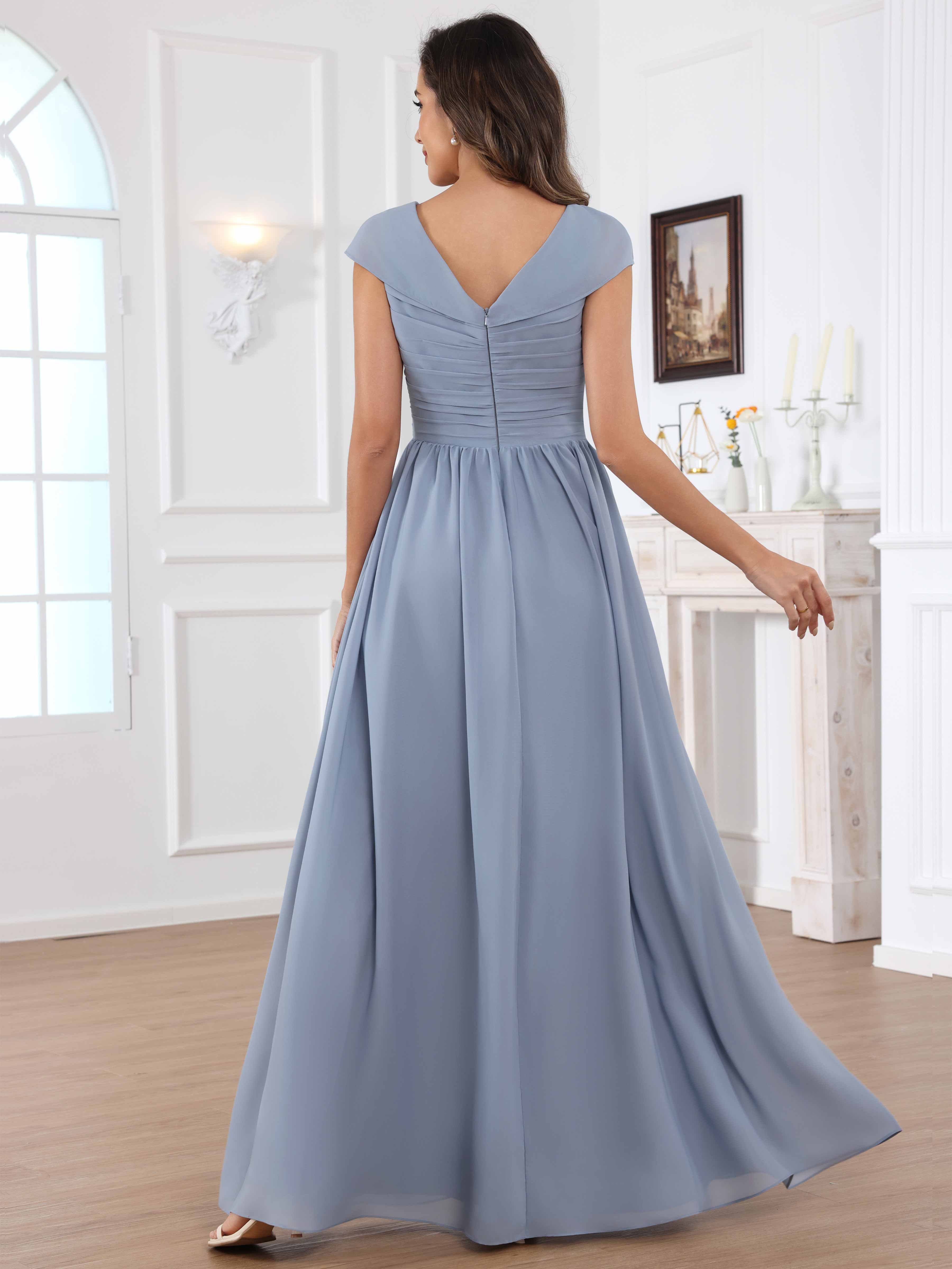 ROVDESY A-Line Cap Sleeves Pleated Chiffon Mother Of The Bride Dress