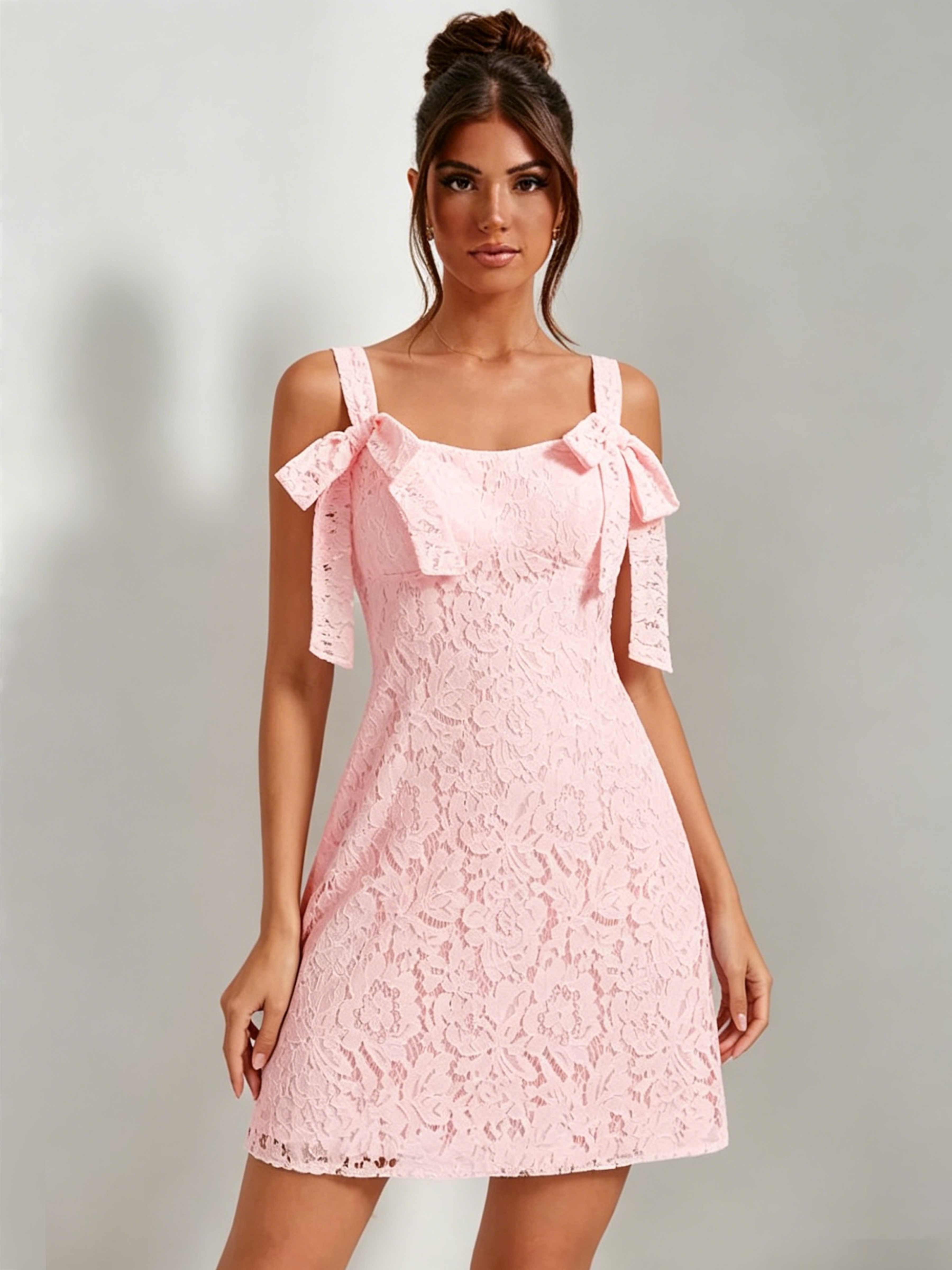 ROVDESY Bow Tie Spaghetti Strap A-Line  Floral Lace Mini Dress