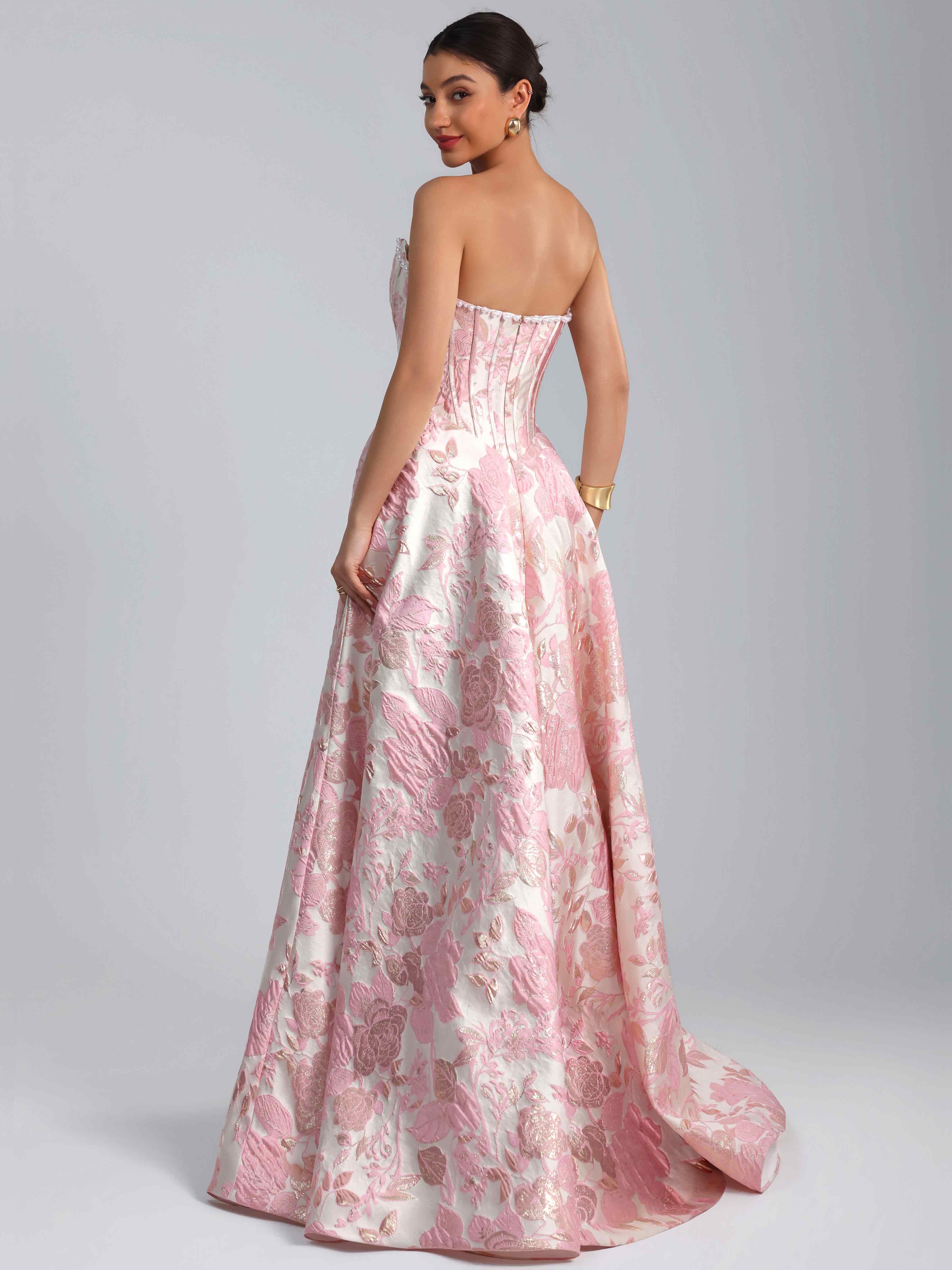 ROVDESY A-Line Strapless Jacquard Satin Prom Dress Long Ball Gown