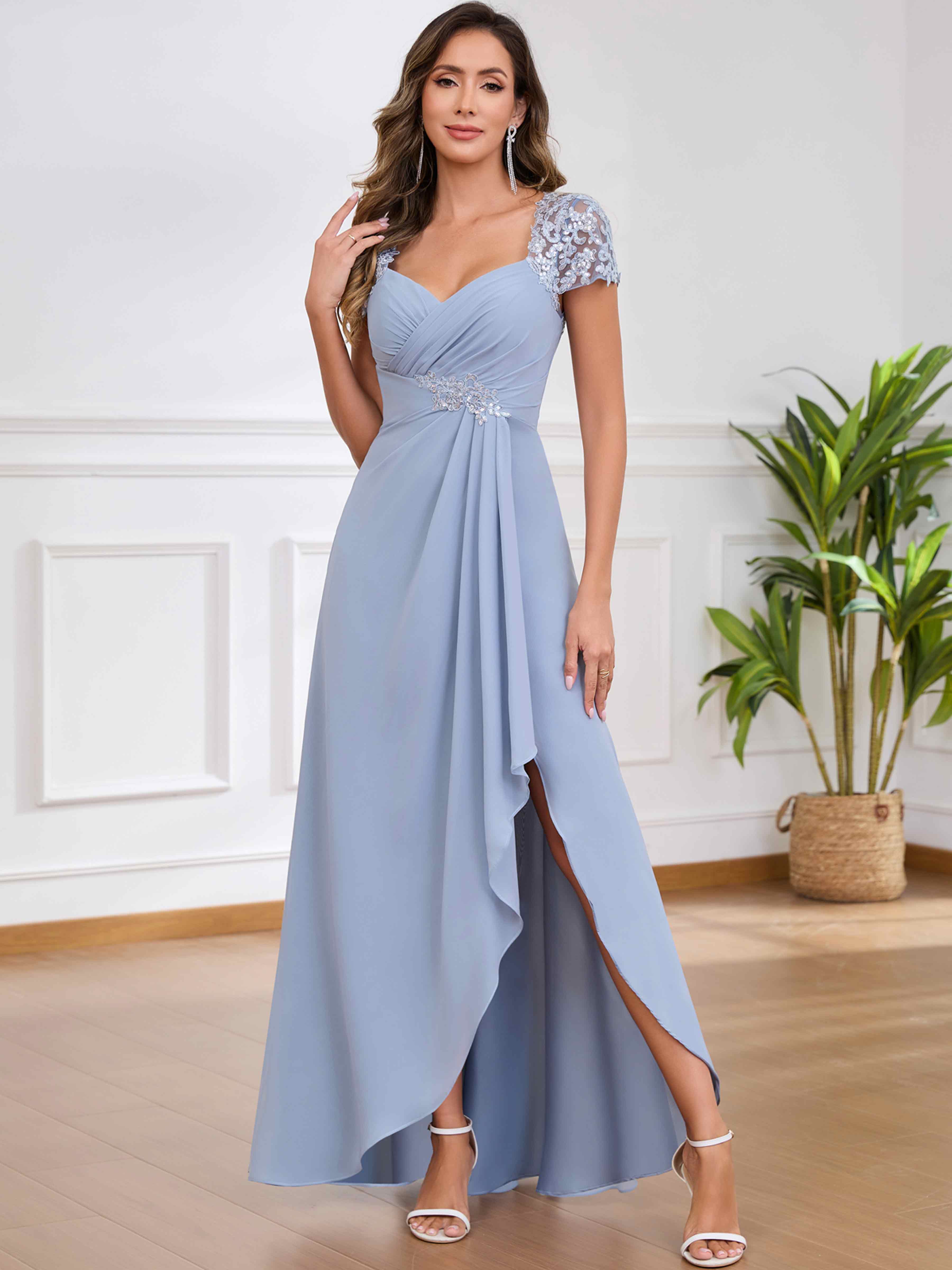 ROVDESY A-Line Pleated Lace Sequin Ruffle Chiffon Mother Of The Bride Dress With Slit