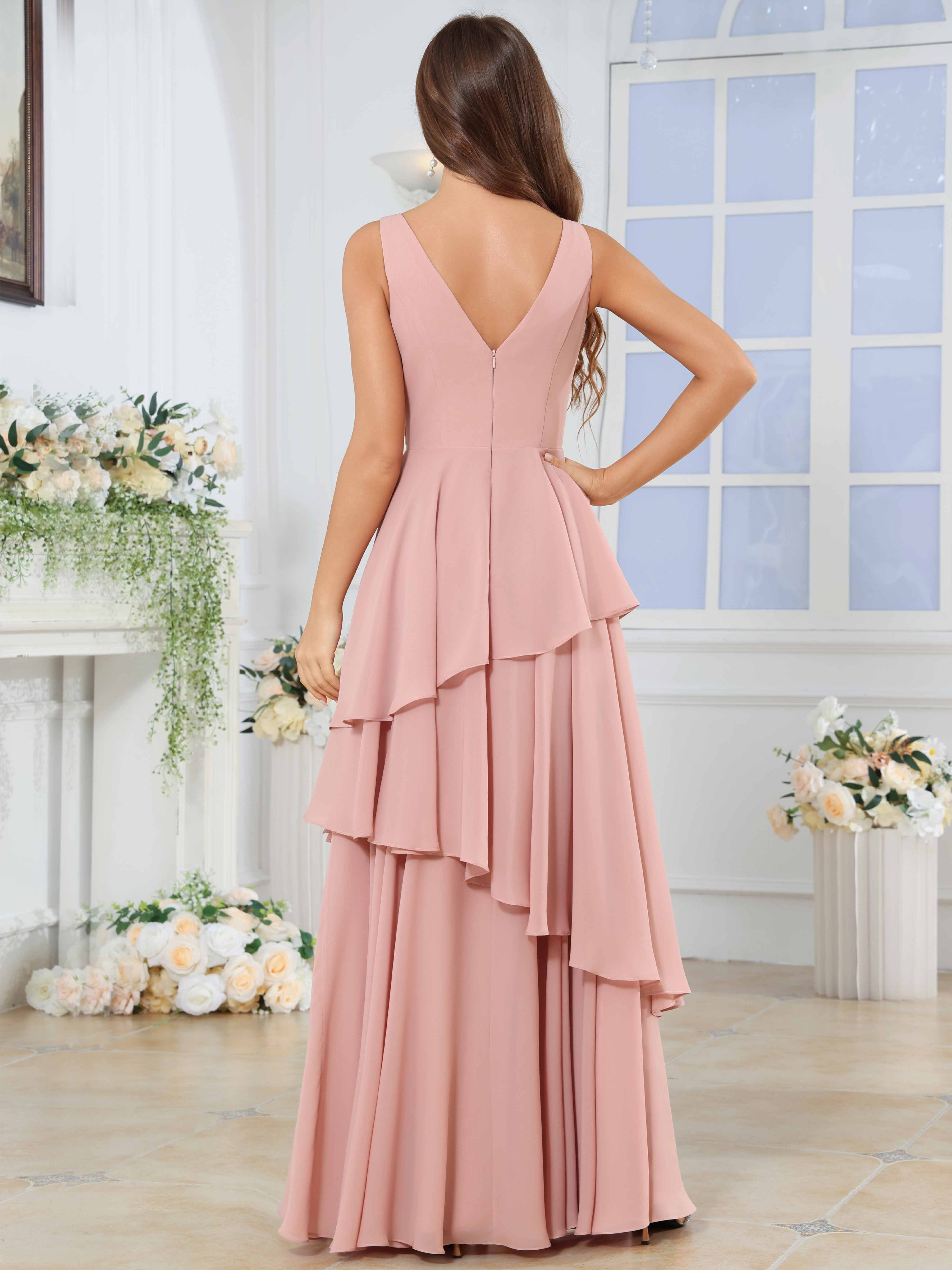 ROVDESY Long Sleeveless V-Neck Tiered Pleated Chiffon Bridesmaid Dress