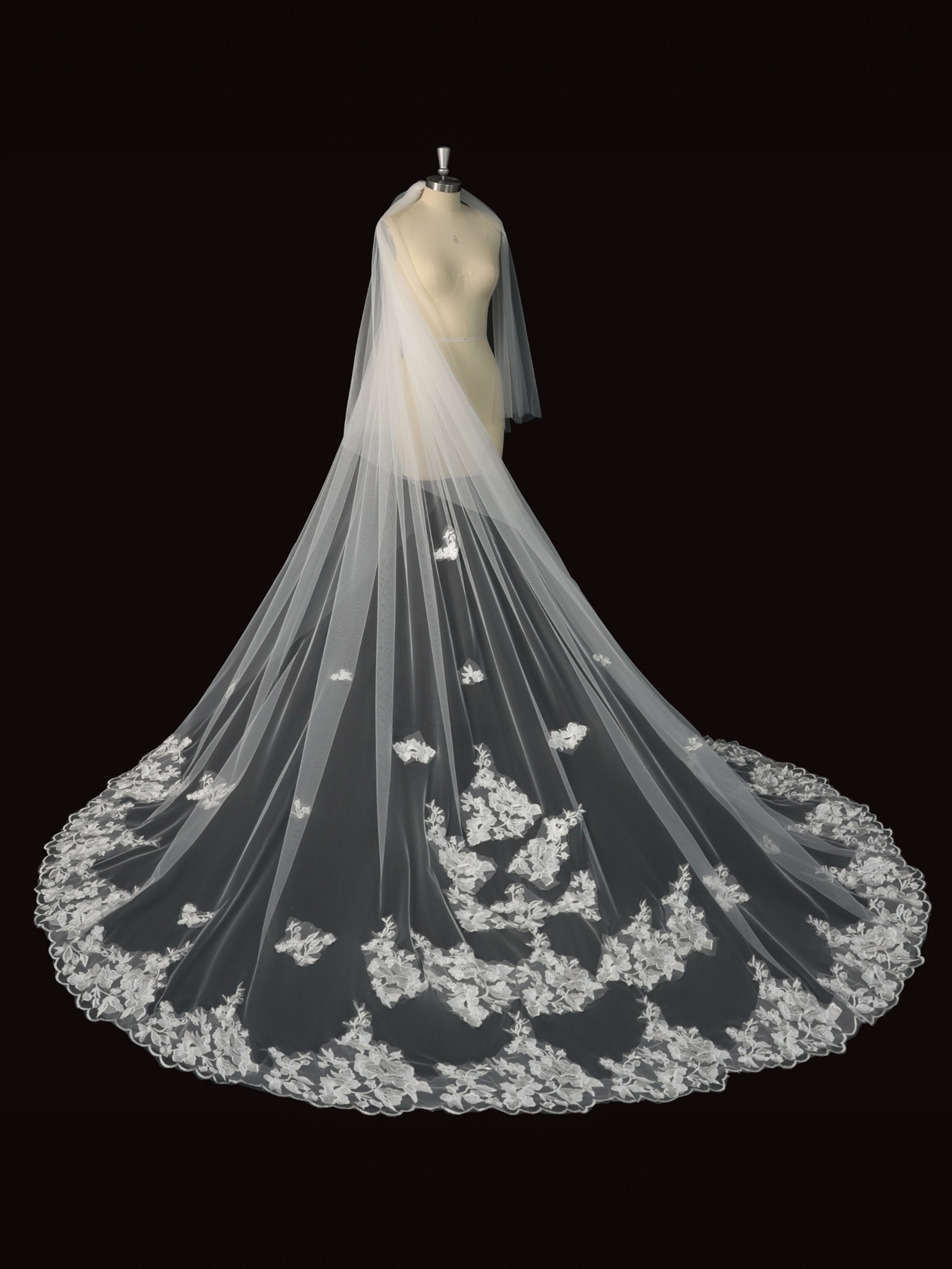 ROVDESY Two-Tier Cathedral Wedding Veil with Scattered Floral Lace Applique & Lace Hem