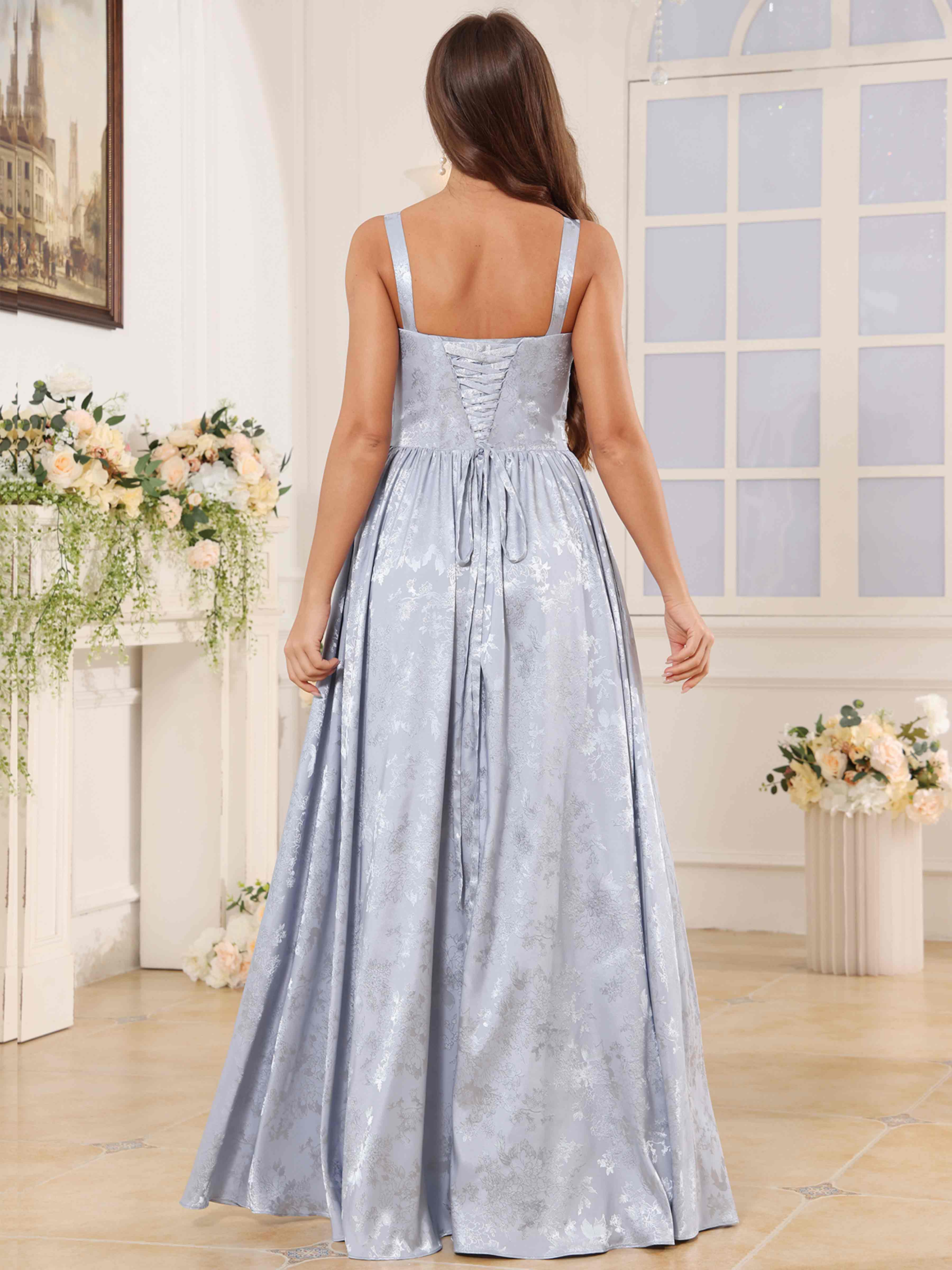 ROVDESY A-Line Spaghetti Straps Pleated Jacquard Satin Bridesmaid/Prom Dress With Slit