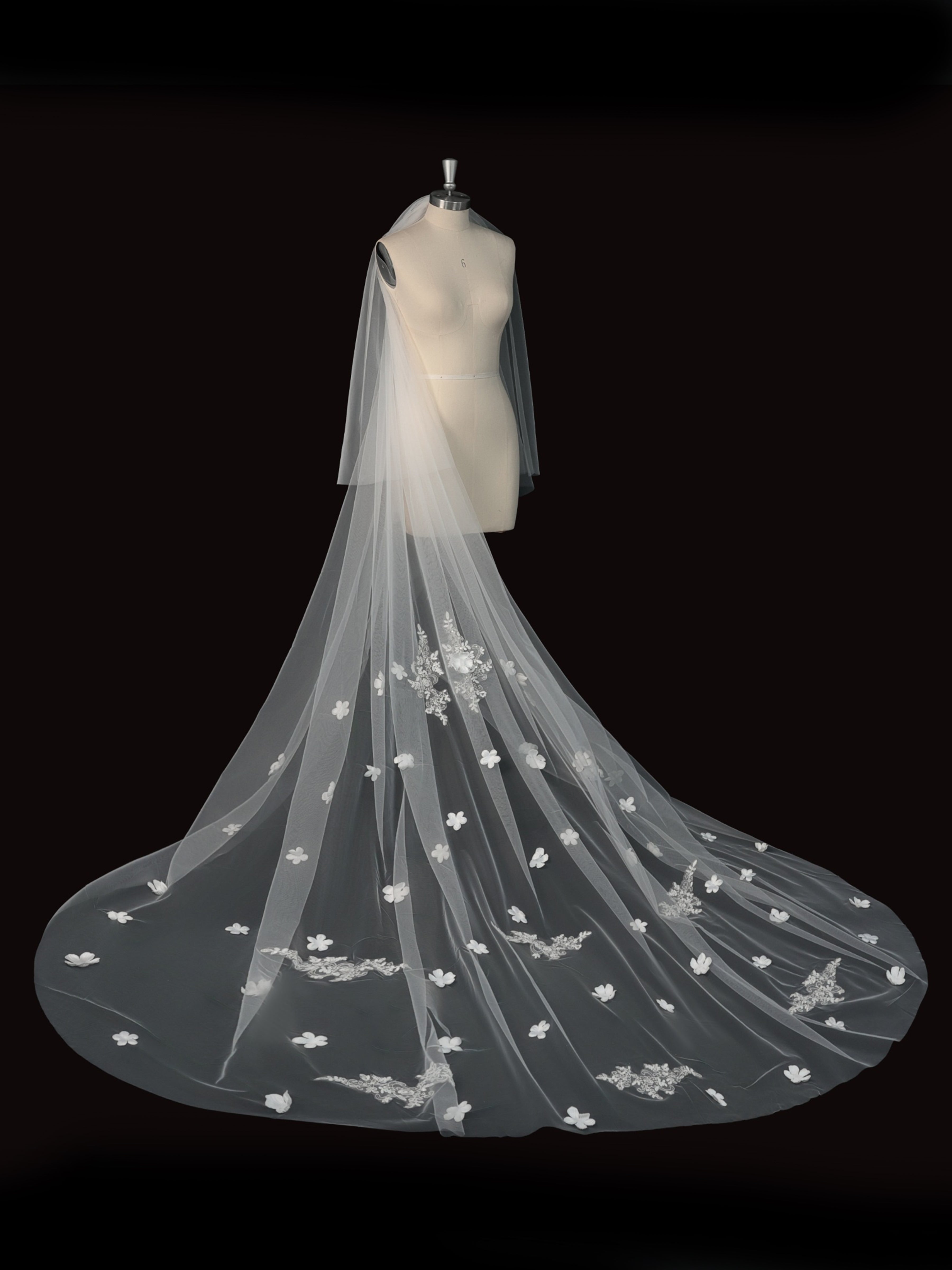 ROVDESY Two-Tier Cathedral Wedding Veil with 3D Fabric Flowers & Floral Lace Applique