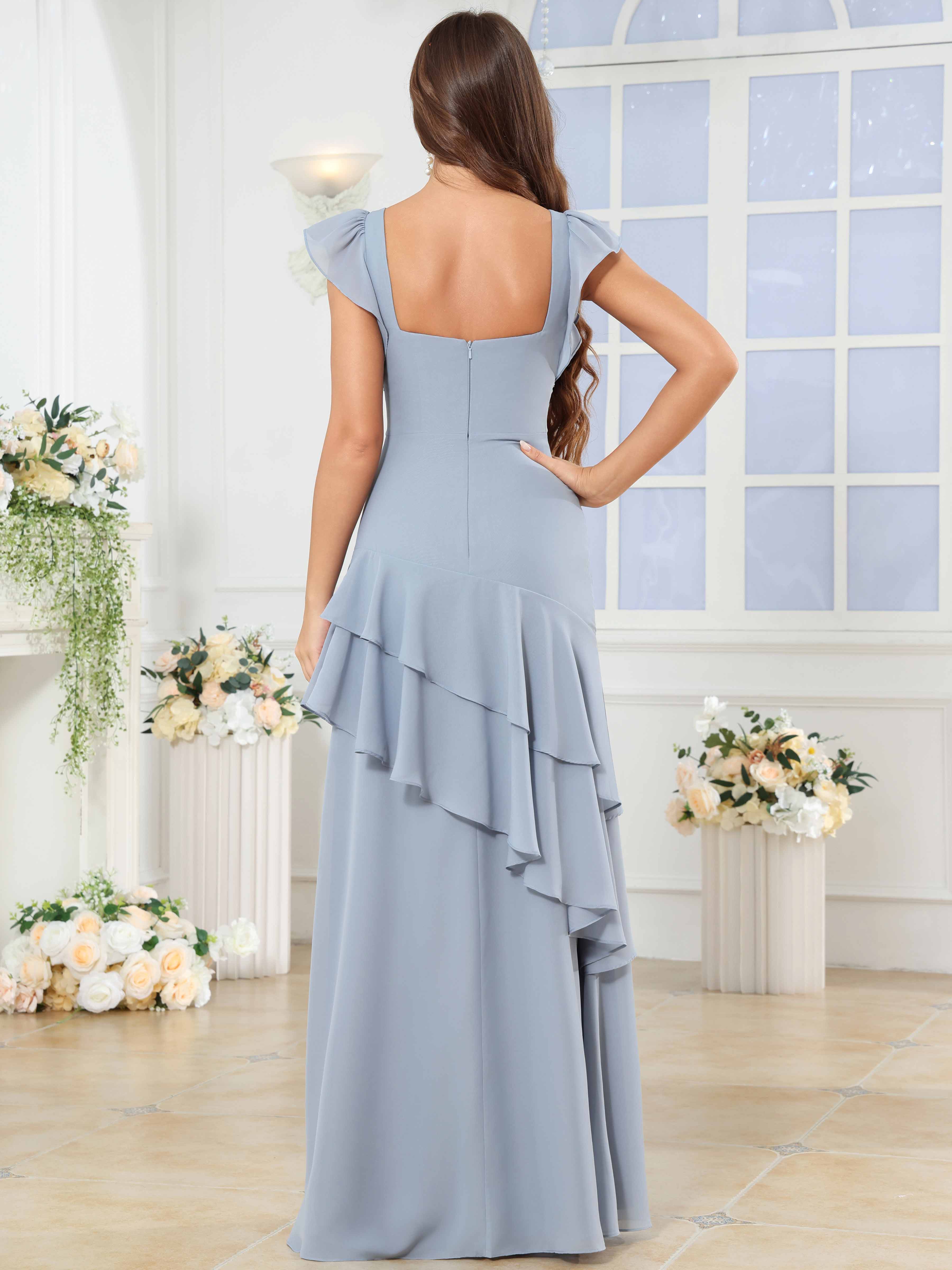 ROVDESY Sweetheart Tiered Ruffle Chiffon Bridesmaid Dress With Short Sleeves