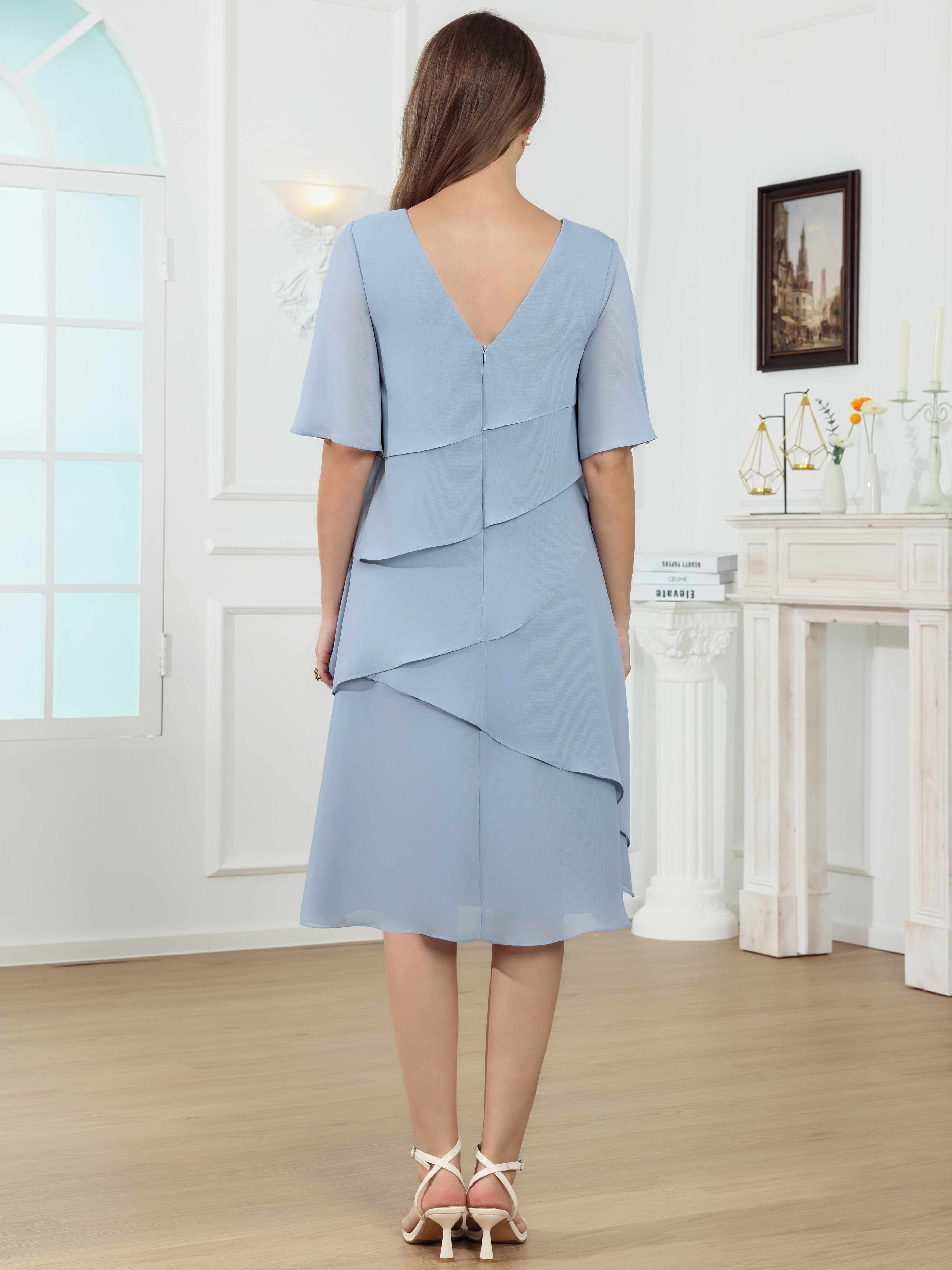 ROVDESY Knee Length Tiered Ruffle Chiffon Mother Of The Bride Dress With Half Sleeves