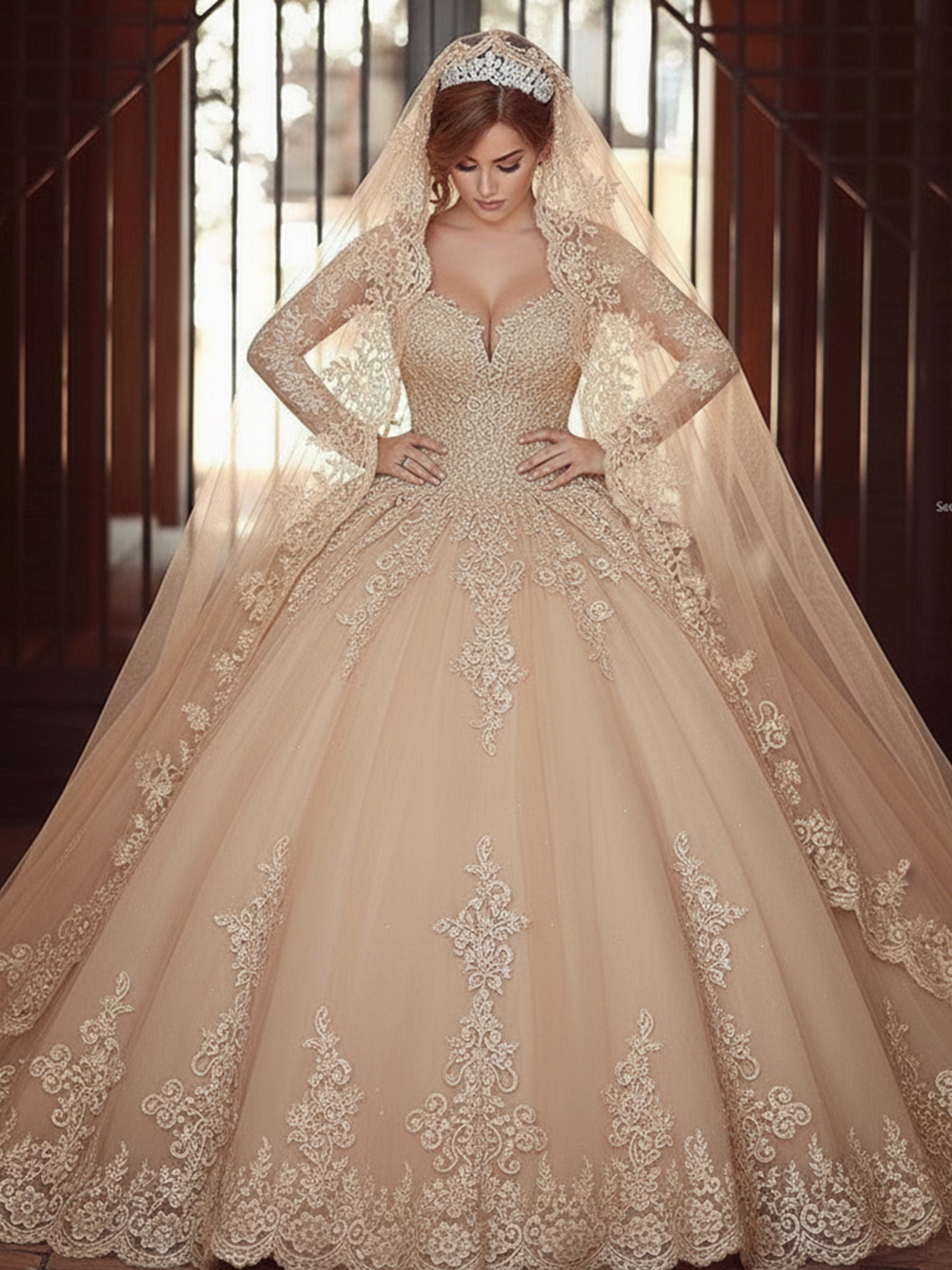 ROVDESY Off The Shoulder Long Sleeve Lace Appliques Ball Gown Wedding Dress with Cathedral Train