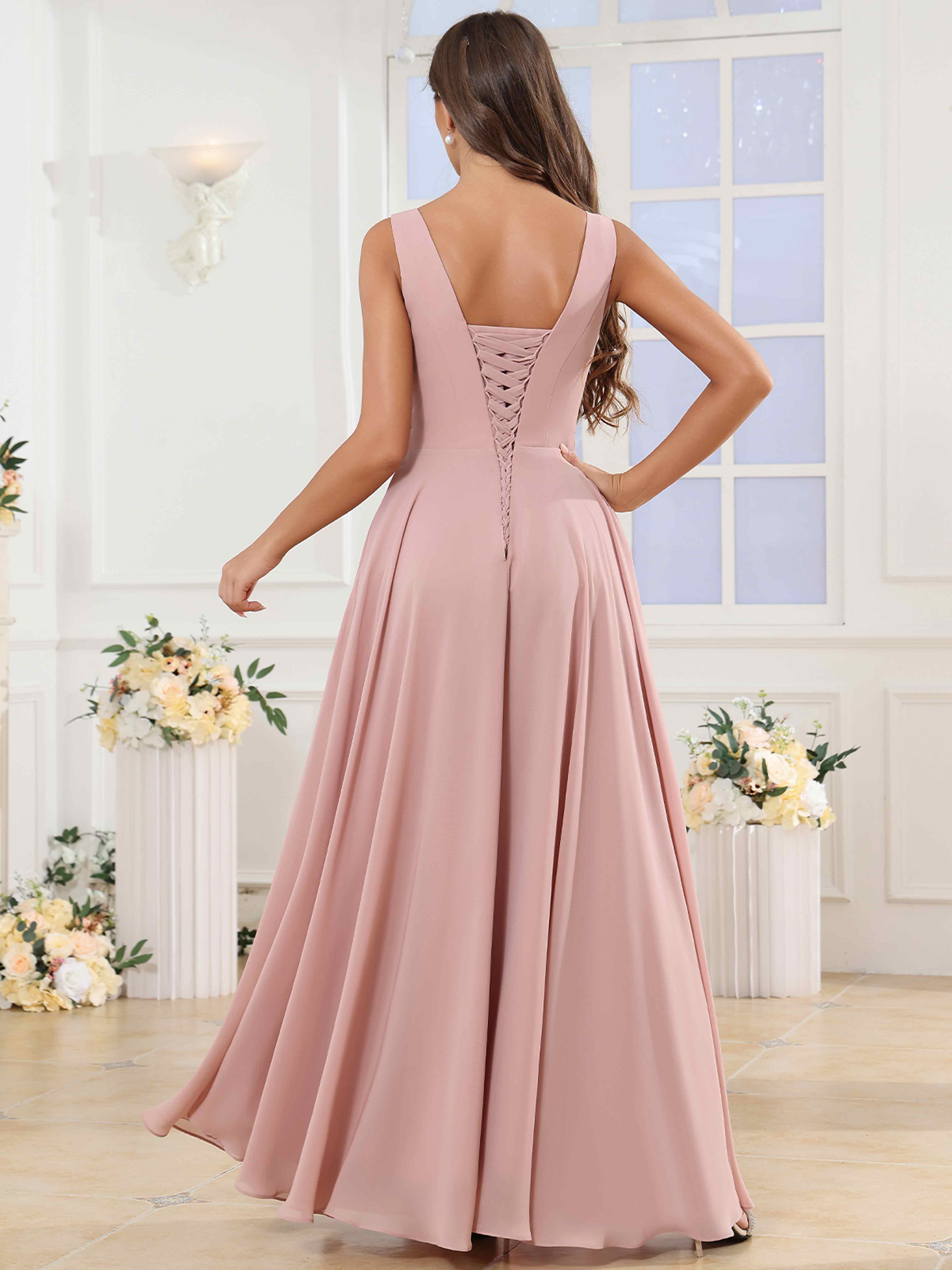 ROVDESY V-Neck Pleated Sleeveless Ruffle Chiffon Bridesmaid Dress With Slit