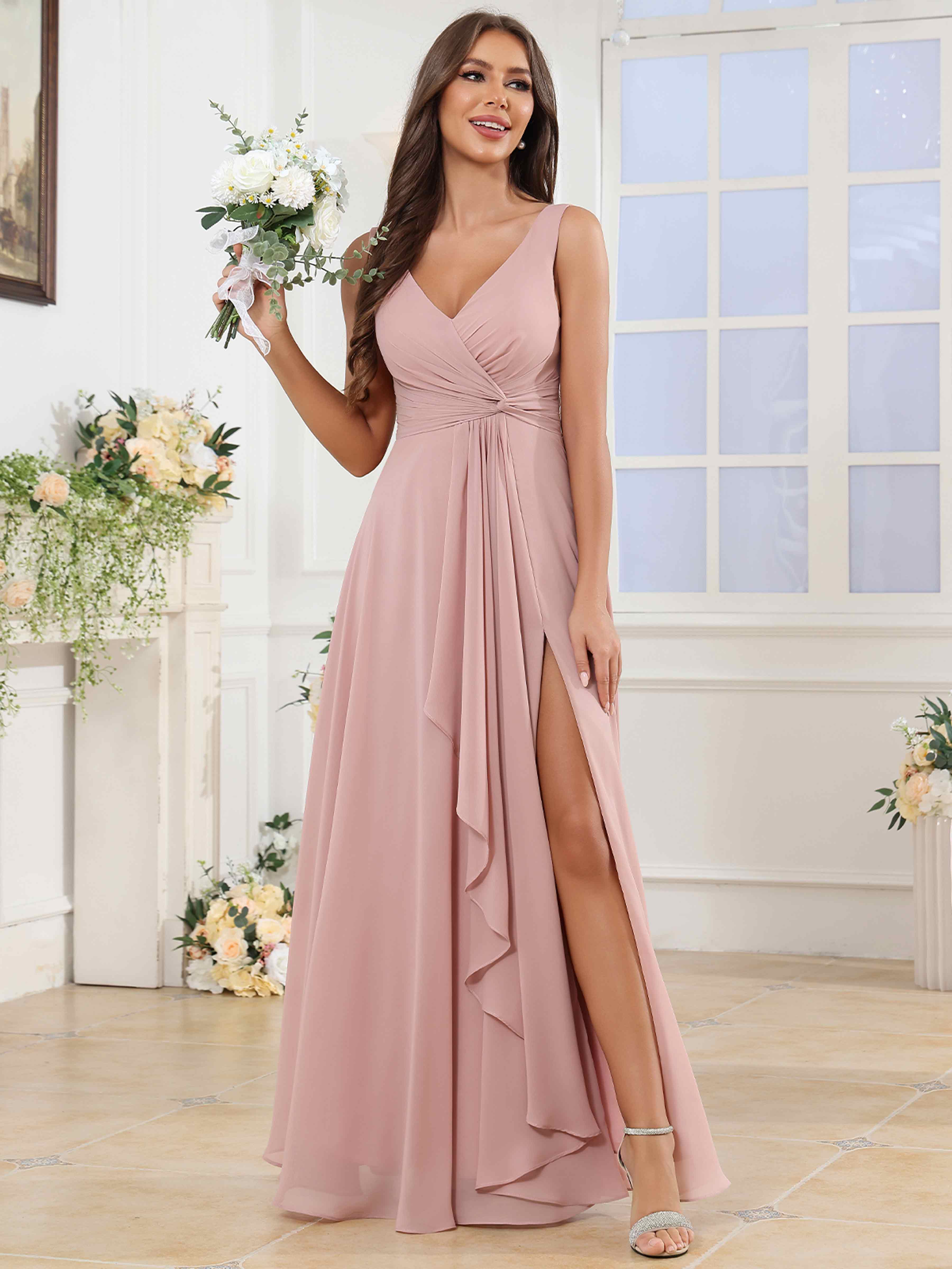 ROVDESY V-Neck Pleated Sleeveless Ruffle Chiffon Bridesmaid Dress With Slit