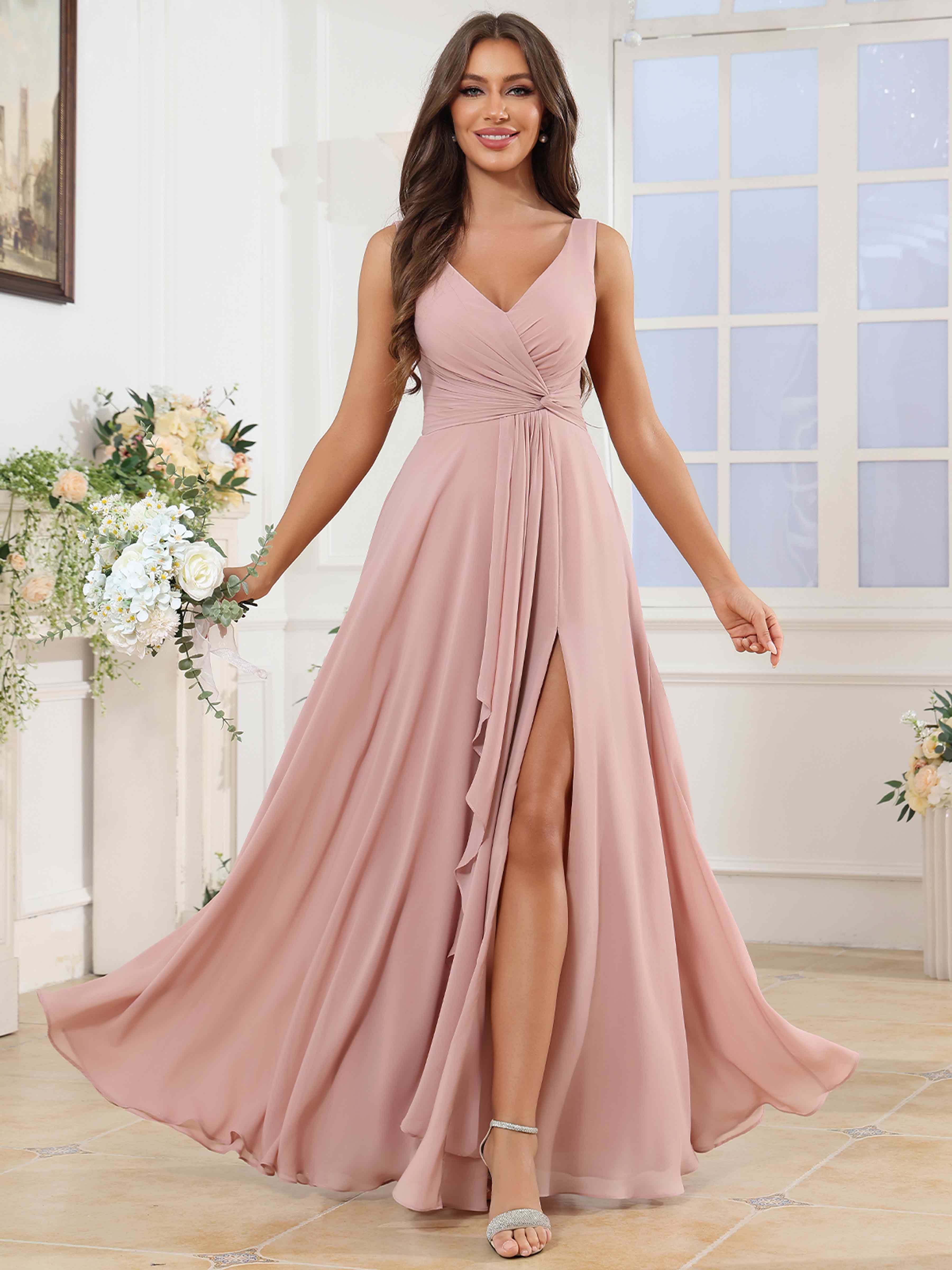 ROVDESY V-Neck Pleated Sleeveless Ruffle Chiffon Bridesmaid Dress With Slit