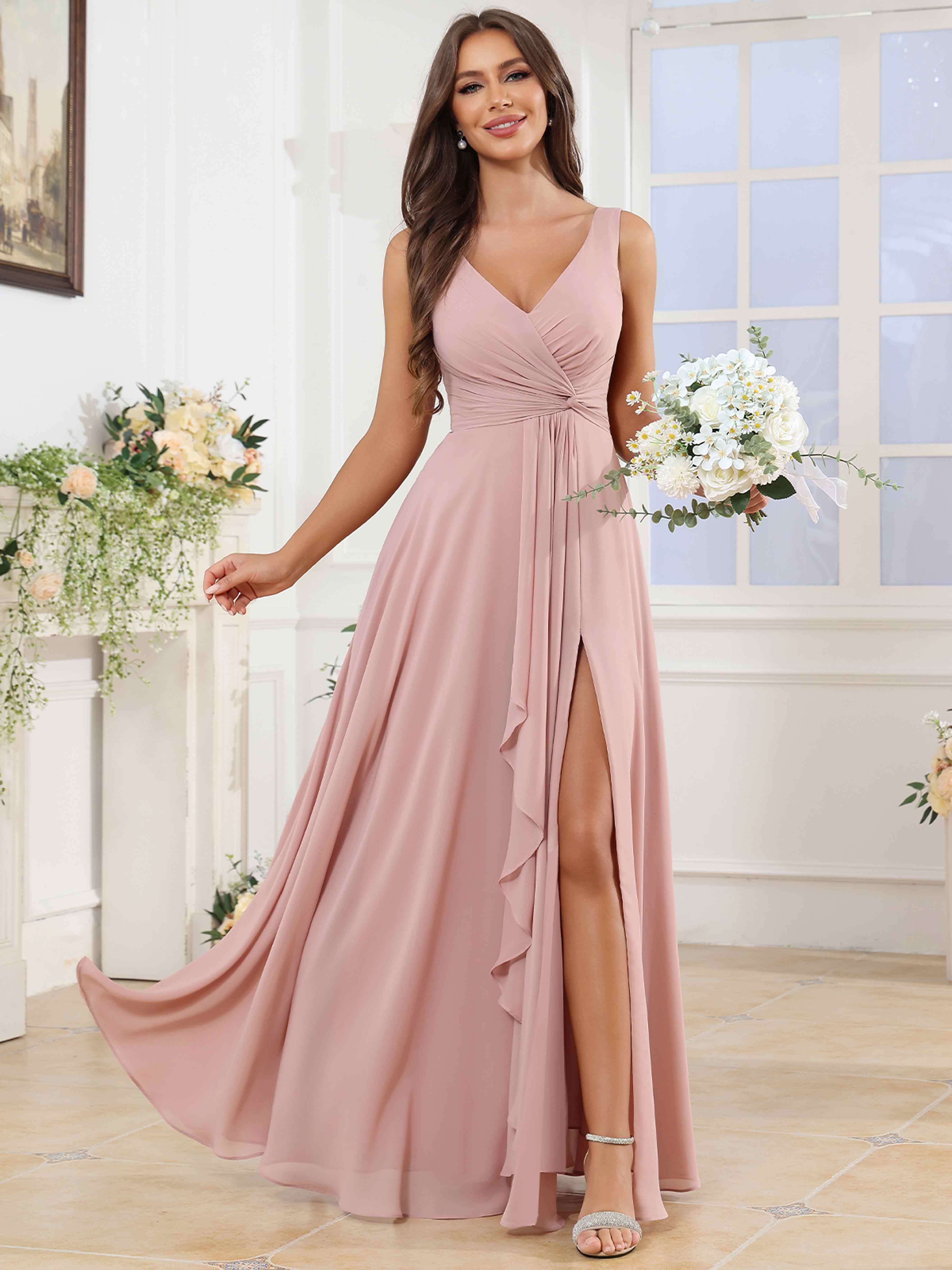 ROVDESY V-Neck Pleated Sleeveless Ruffle Chiffon Bridesmaid Dress With Slit