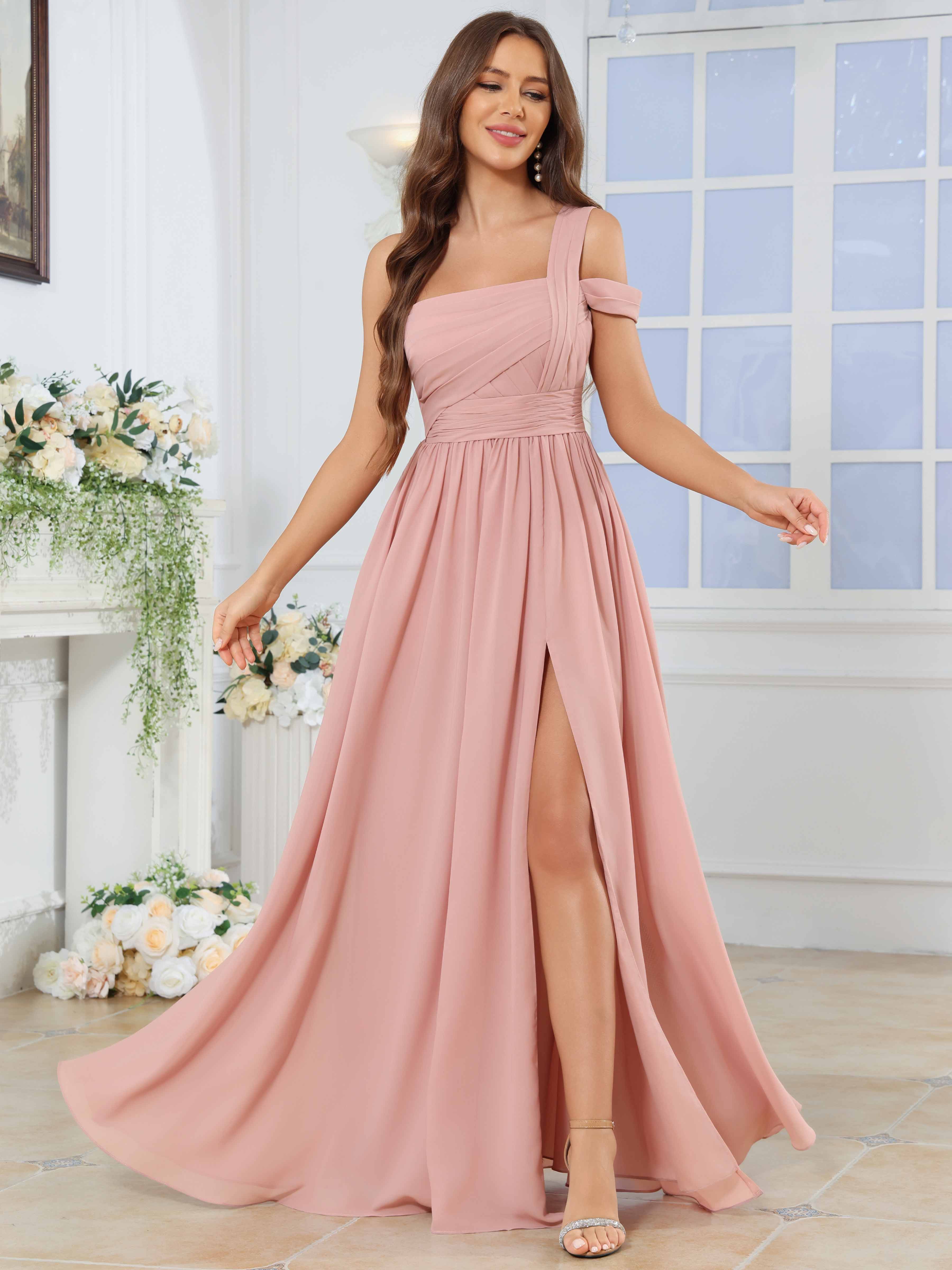 ROVDESY One Shoulder Pleated Chiffon Bridesmaid Dress With Slit