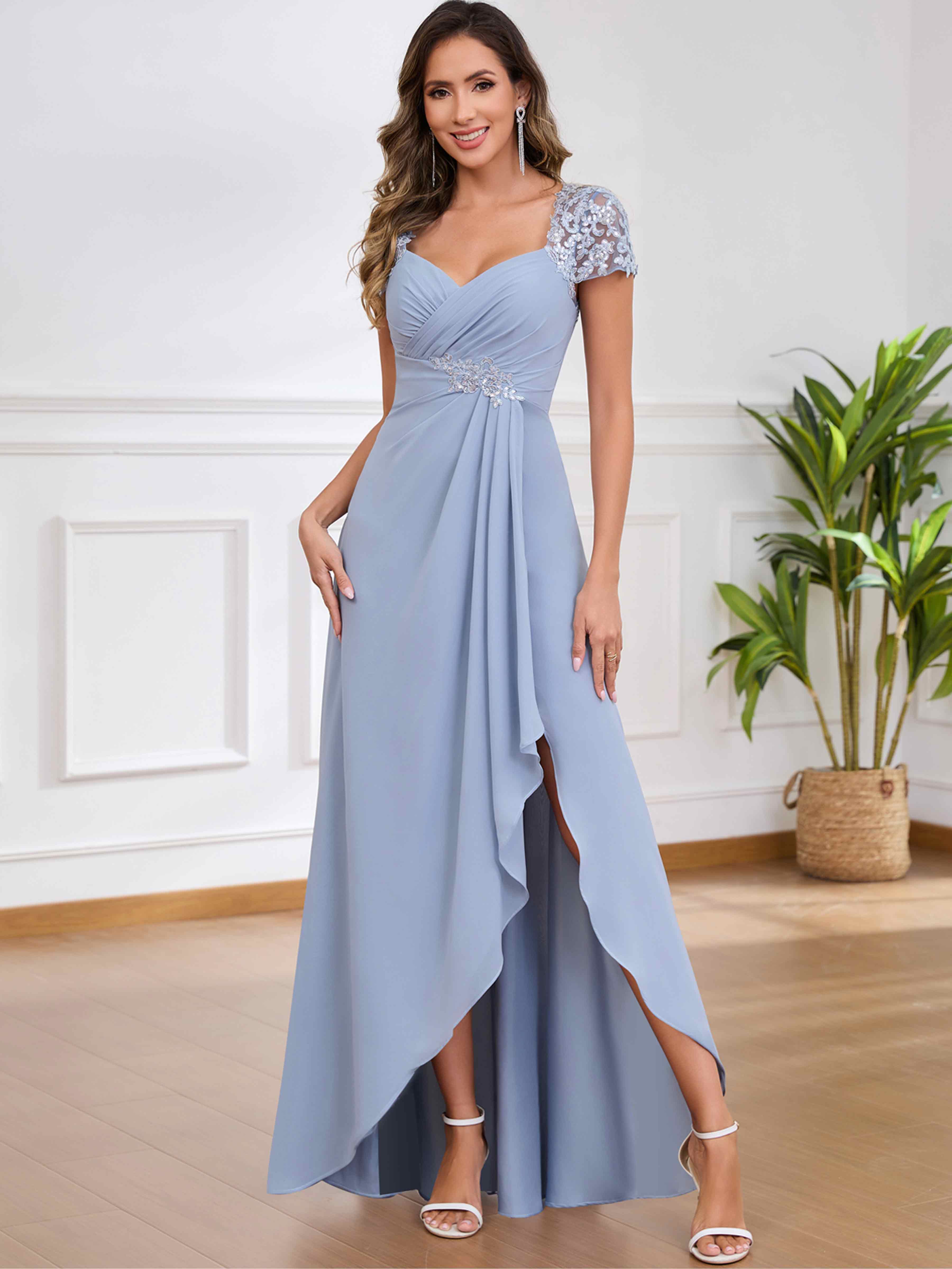 ROVDESY A-Line Pleated Lace Sequin Ruffle Chiffon Mother Of The Bride Dress With Slit