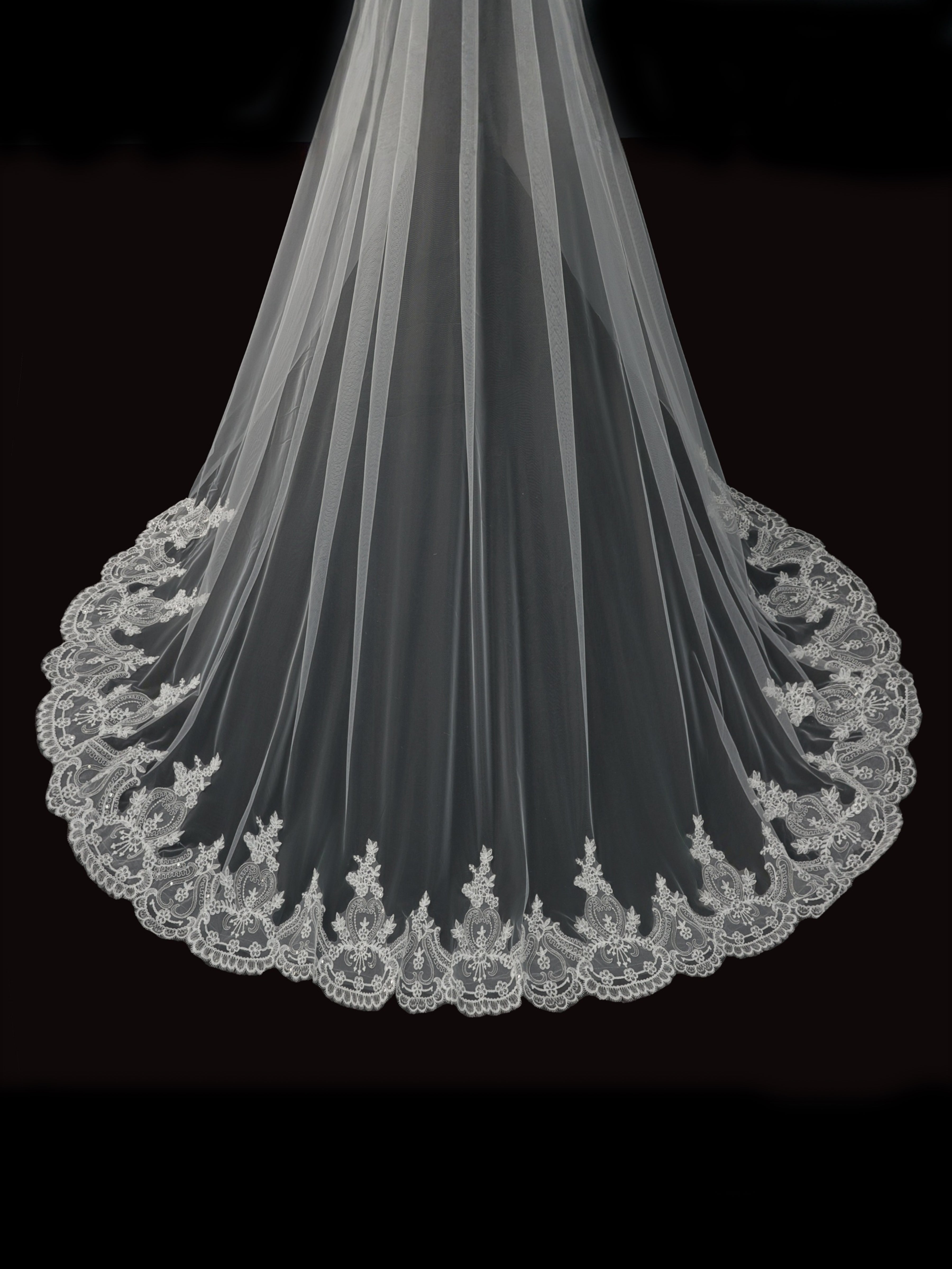 ROVDESY Two-Tier Cathedral Wedding Veil with Vintage Floral Lace Trim & Metal Comb