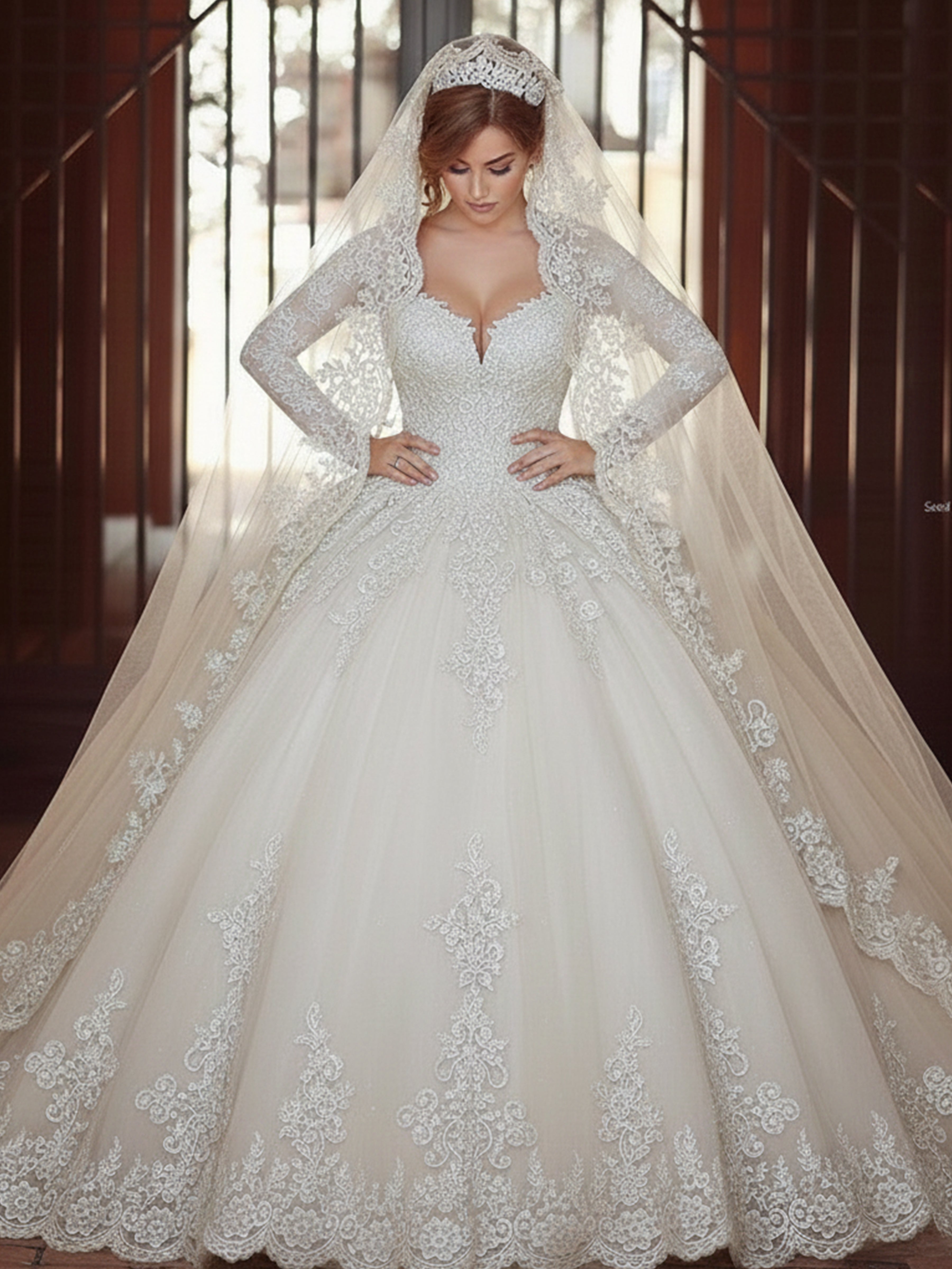 ROVDESY Off The Shoulder Long Sleeve Lace Appliques Ball Gown Wedding Dress with Cathedral Train