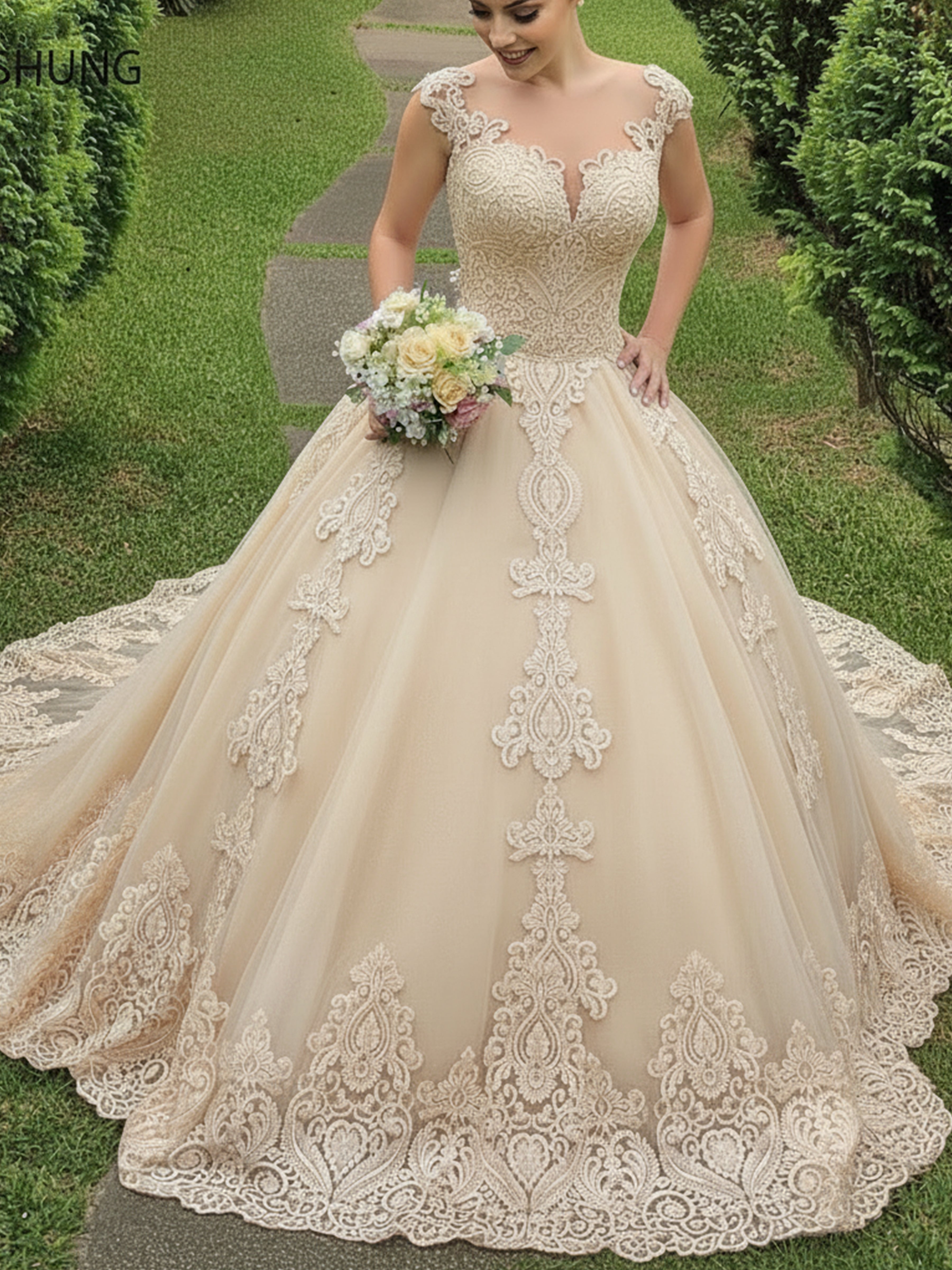 ROVDESY Cap Sleeve Illusion Lace Applique Ball Gown Wedding Dress for Bride