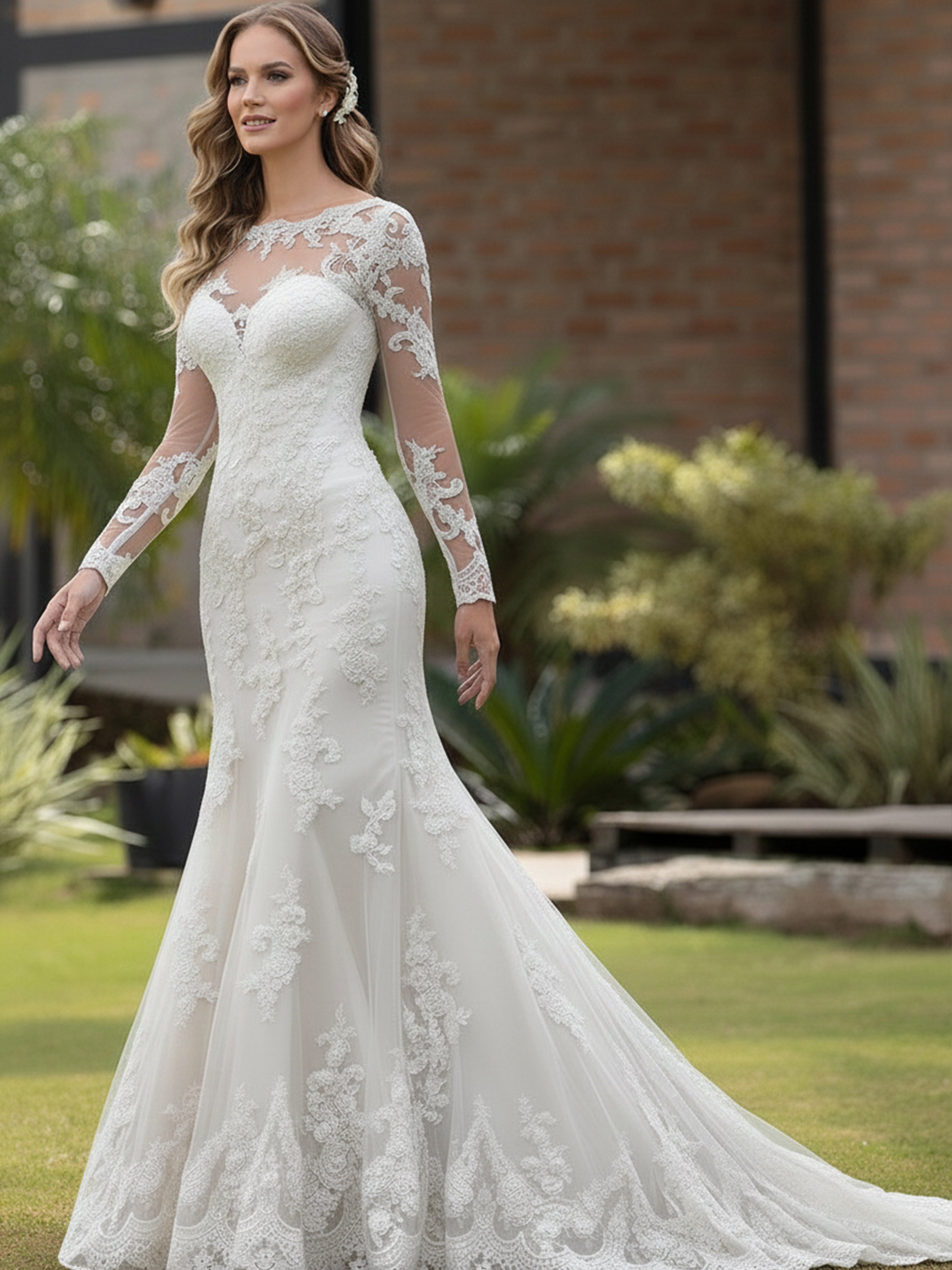 ROVDESY  Long Sleeve Illusion Neck Lace Mermaid Wedding Dress with Sweep Train