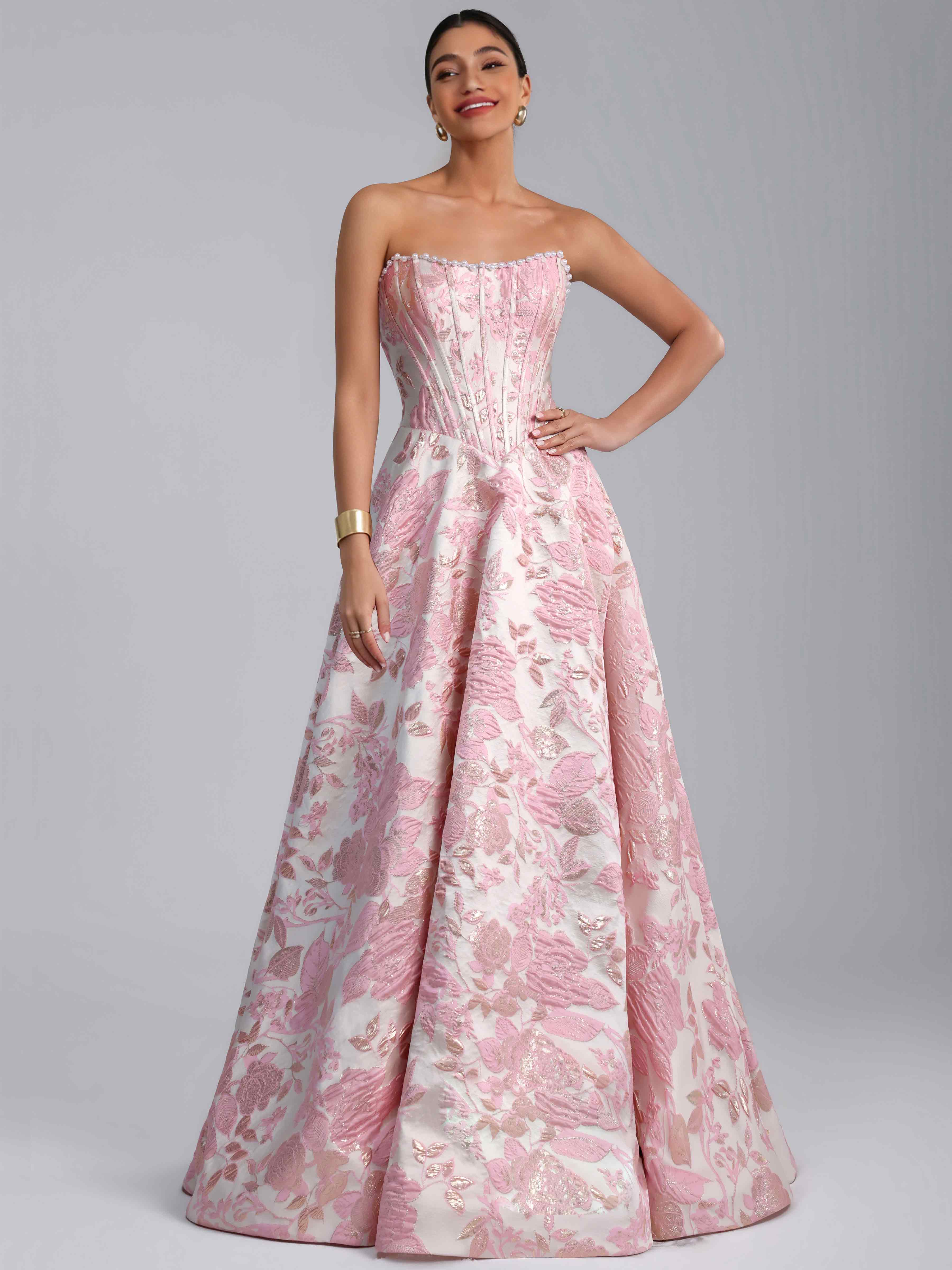 ROVDESY A-Line Strapless Jacquard Satin Prom Dress Long Ball Gown