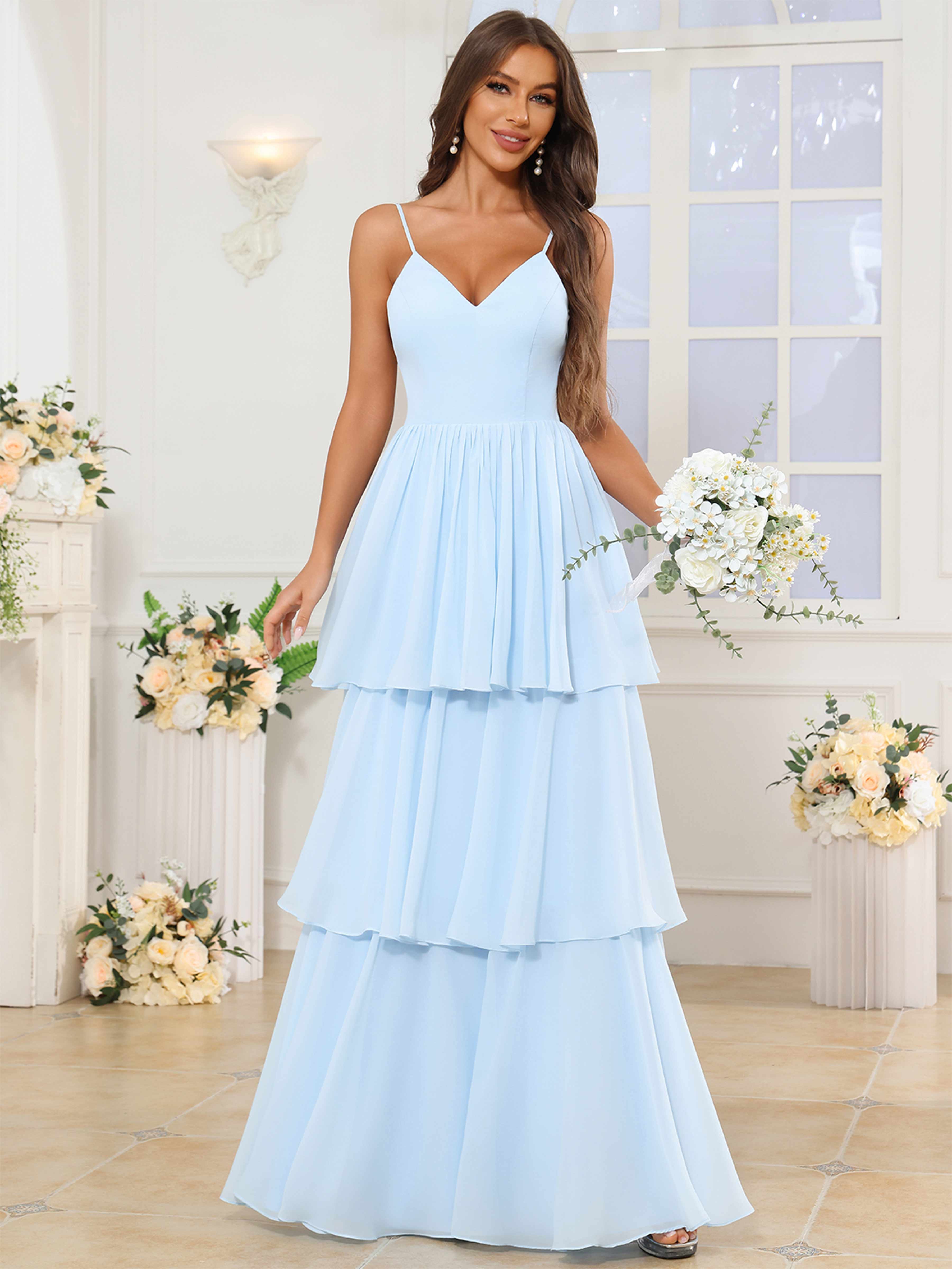 ROVDESY V-Neck Spaghetti Straps Tiered Chiffon Bridesmaid Dress With Ruffles
