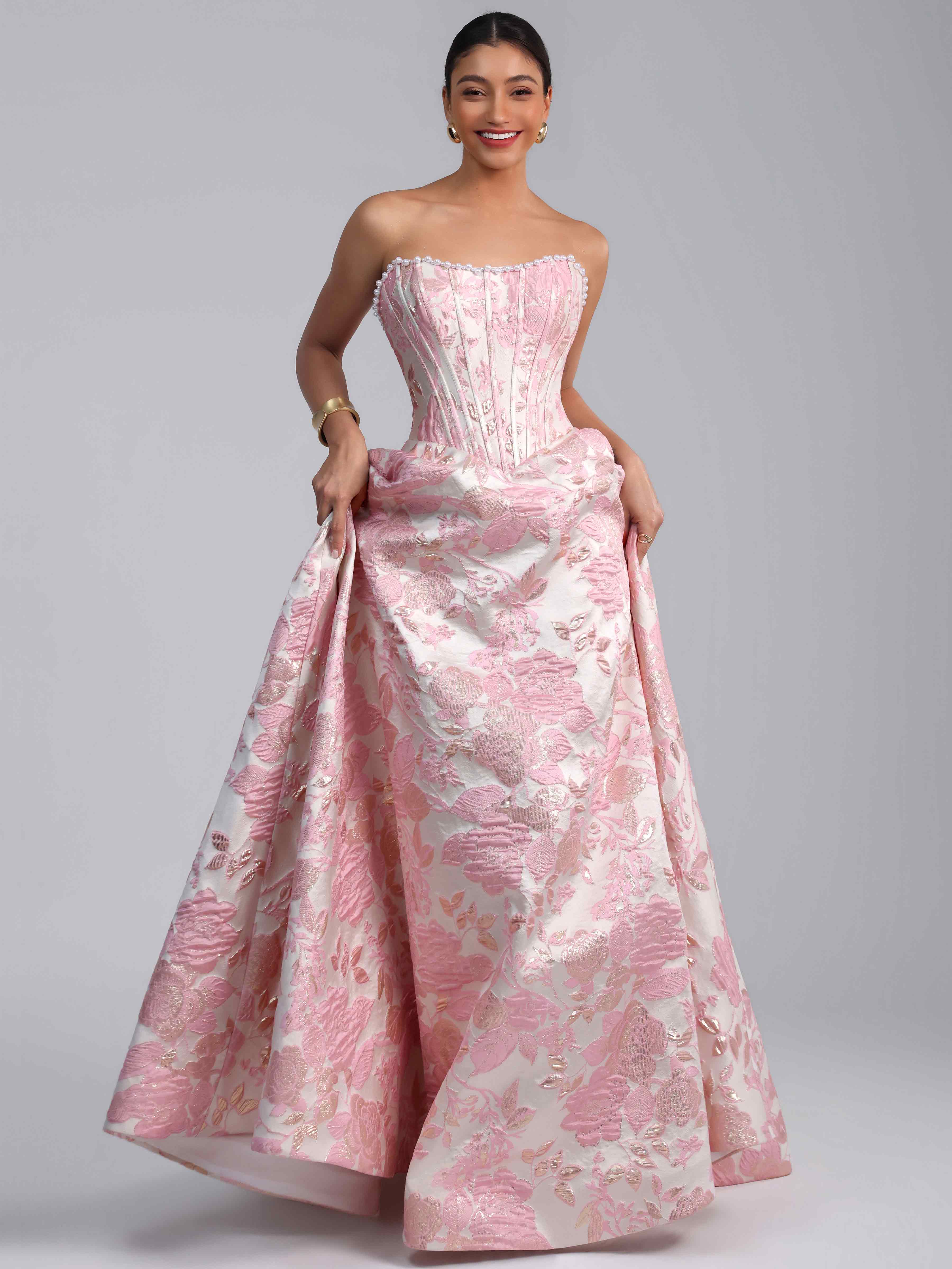 ROVDESY A-Line Strapless Jacquard Satin Prom Dress Long Ball Gown
