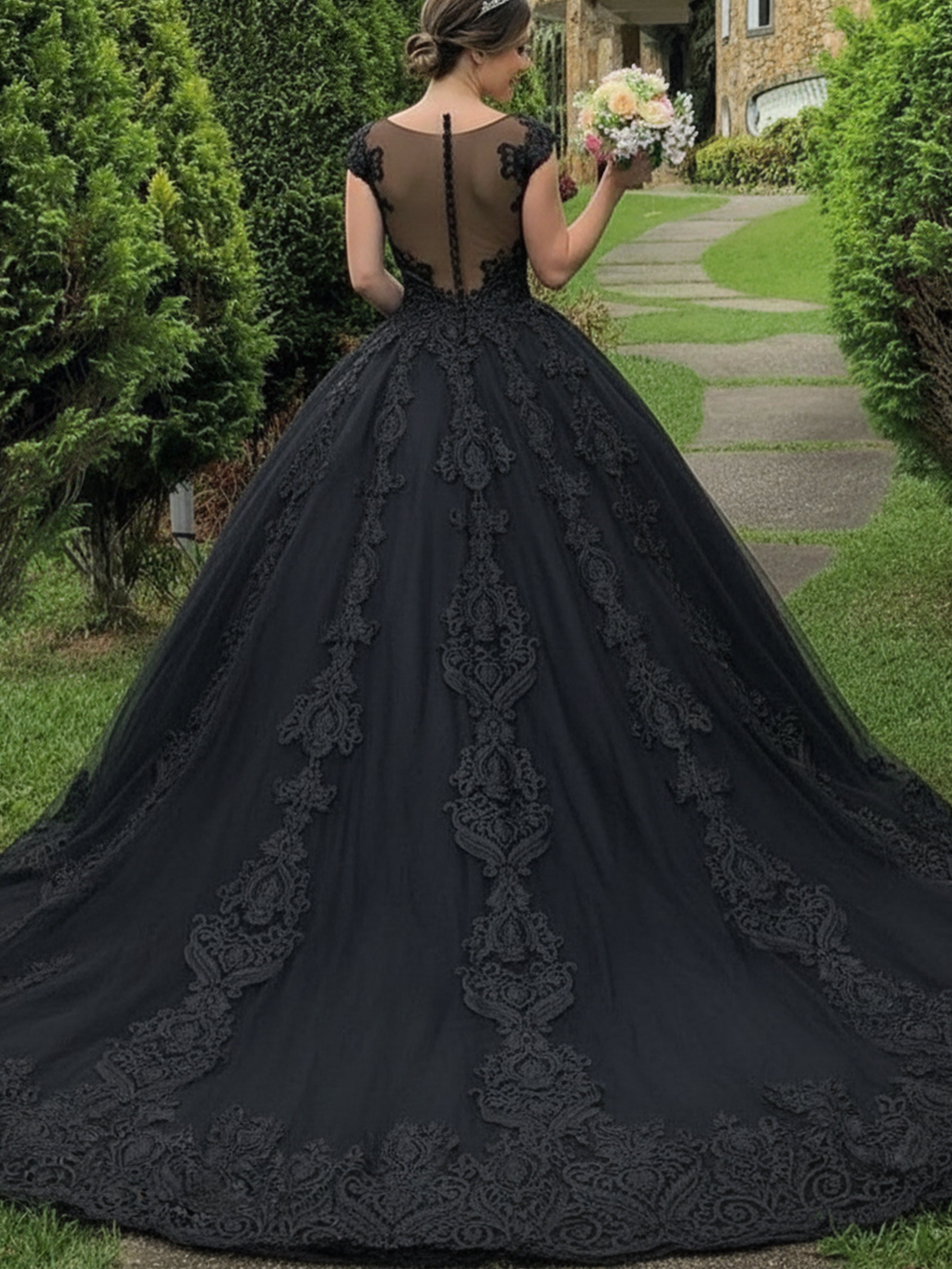 ROVDESY Cap Sleeve Illusion Lace Applique Ball Gown Wedding Dress for Bride