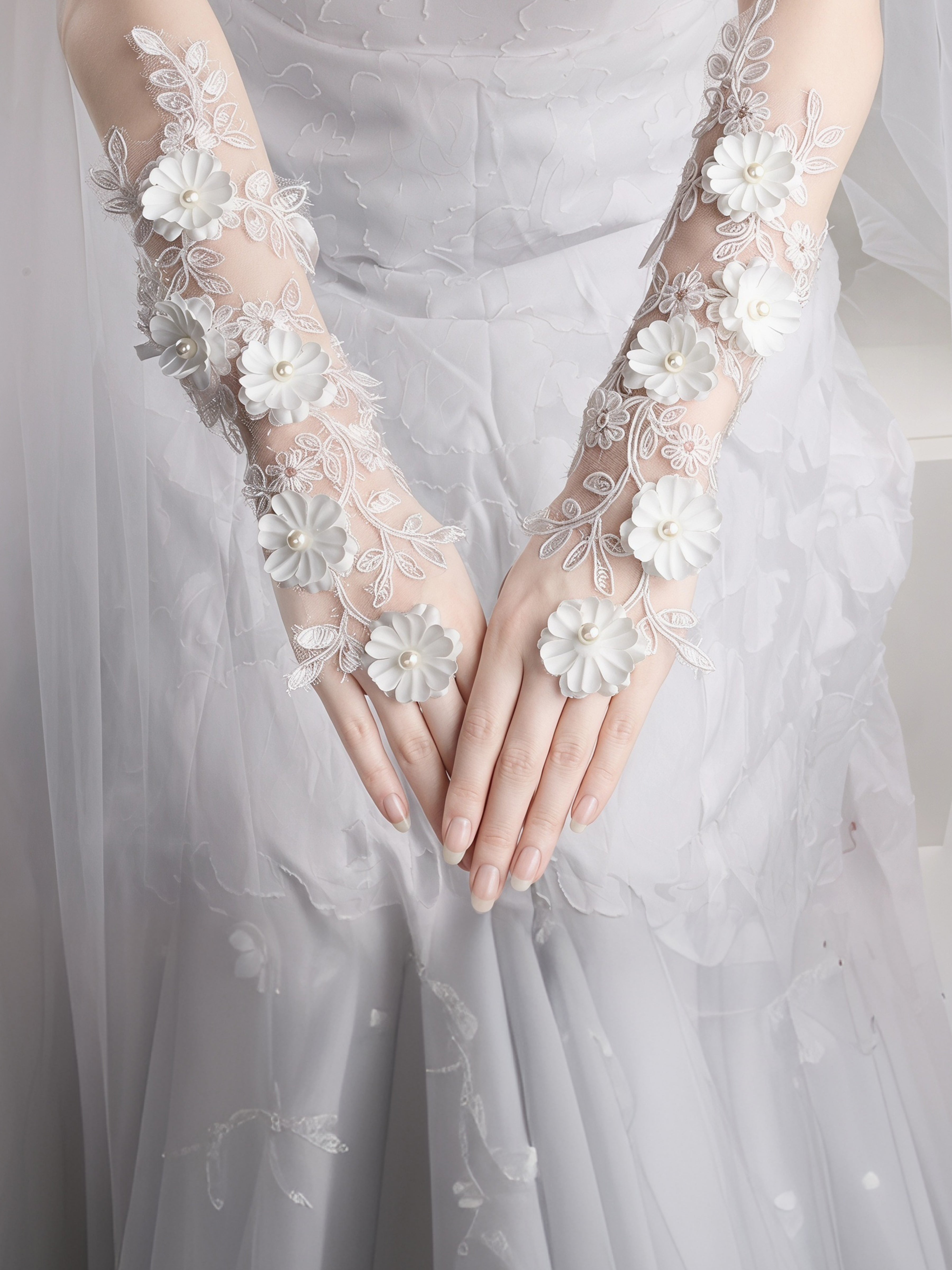 ROVDESY Delicate 3D Floral Lace Sheer Bridal Gloves with Pearl Details