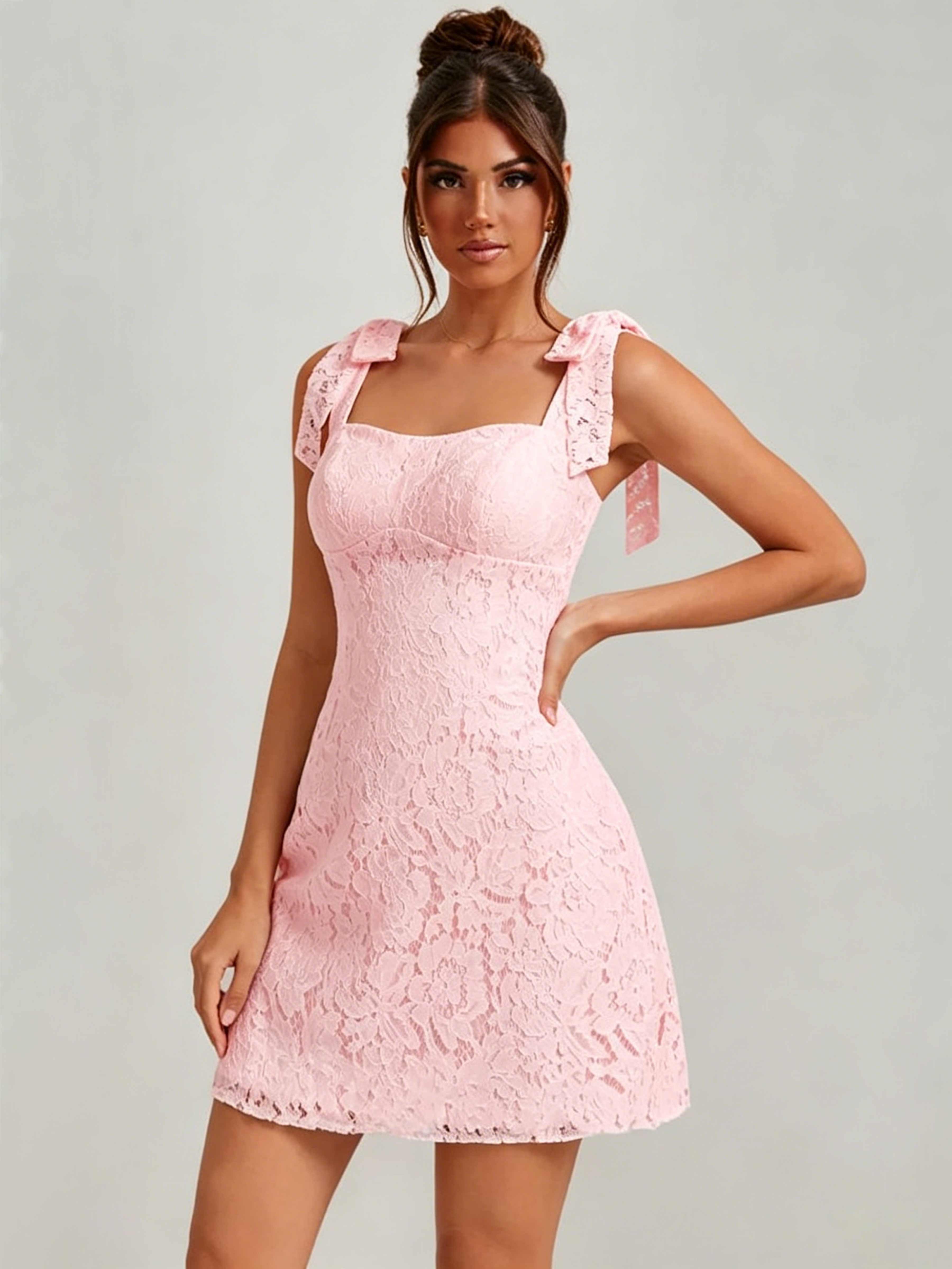 ROVDESY Bow Tie Spaghetti Strap A-Line  Floral Lace Mini Dress