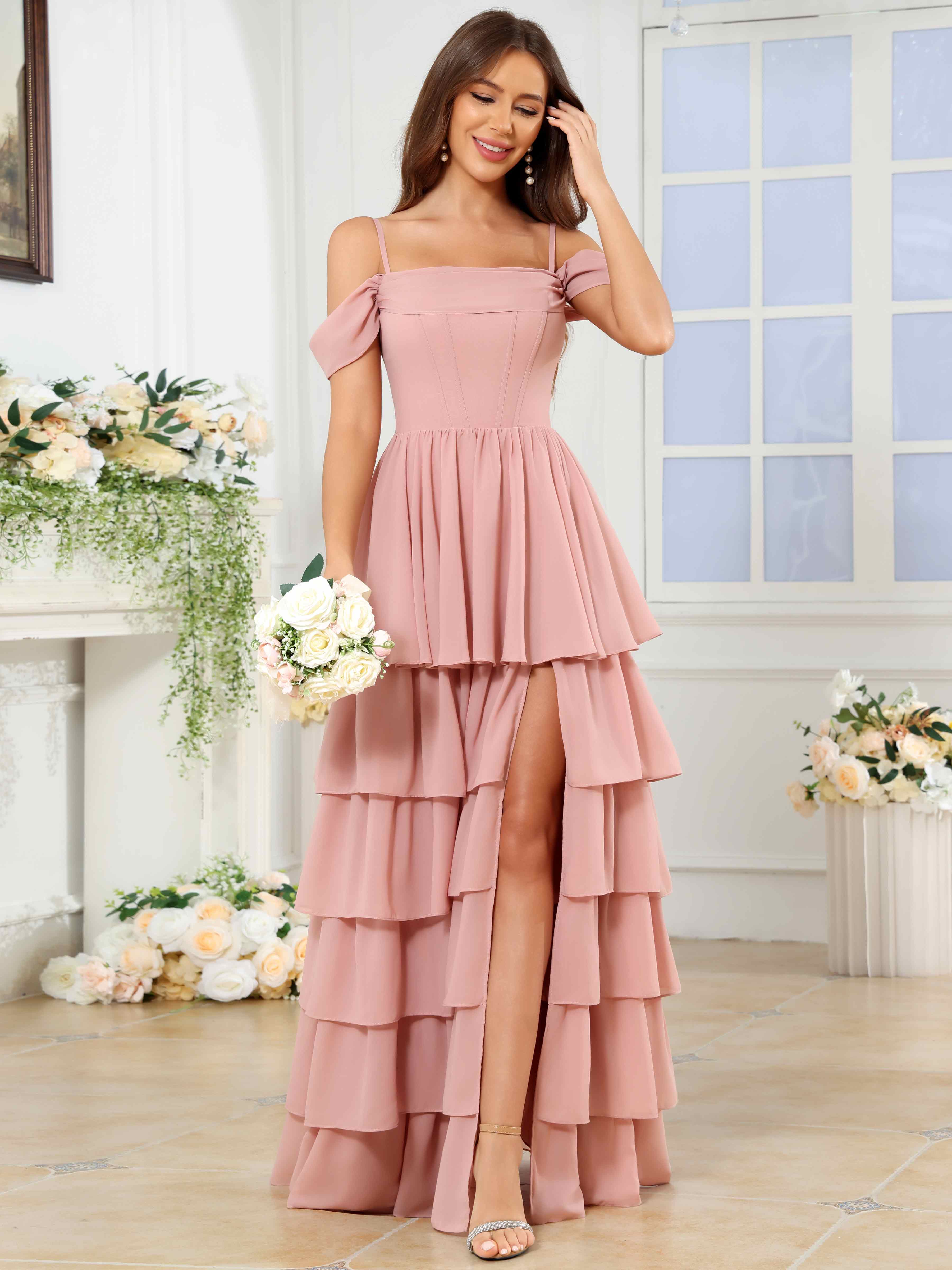 ROVDESY A-Line Off The Shoulder Tiered Chiffon Bridesmaid/Prom Dress With Slit