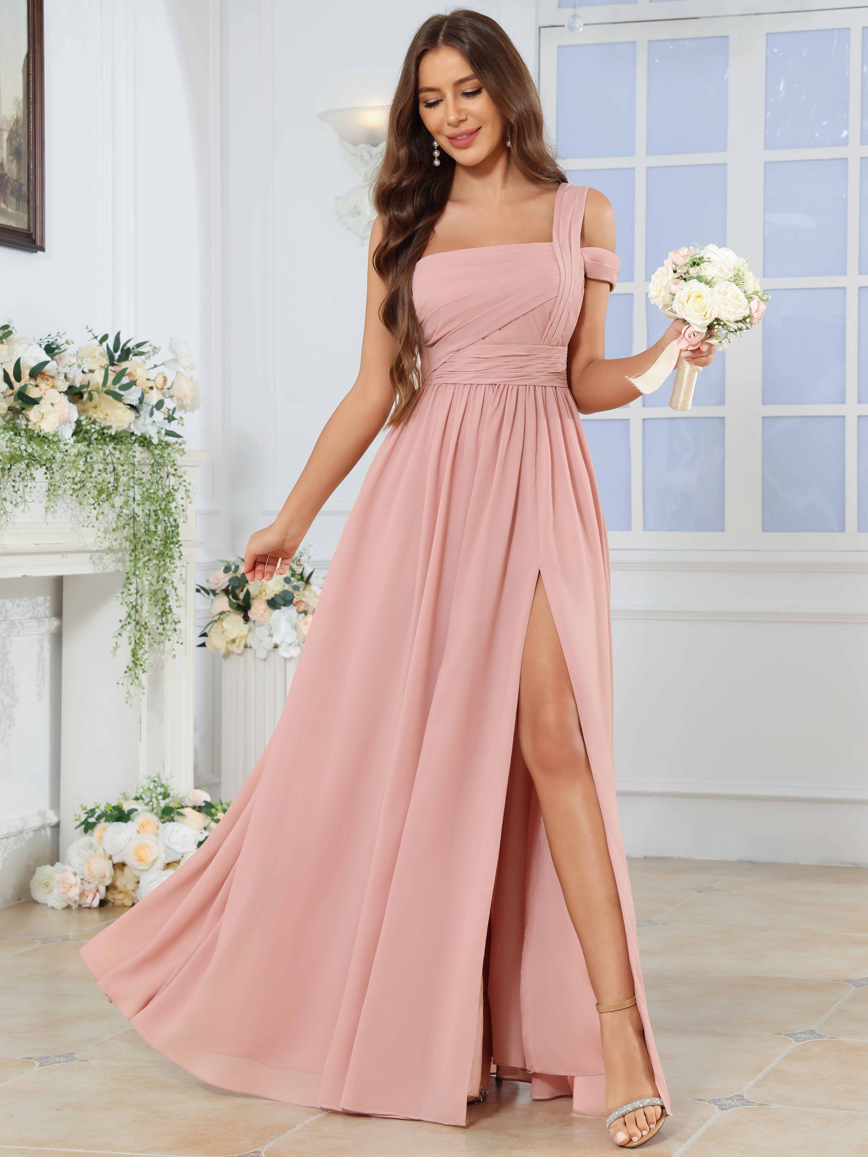 ROVDESY One Shoulder Pleated Chiffon Bridesmaid Dress With Slit