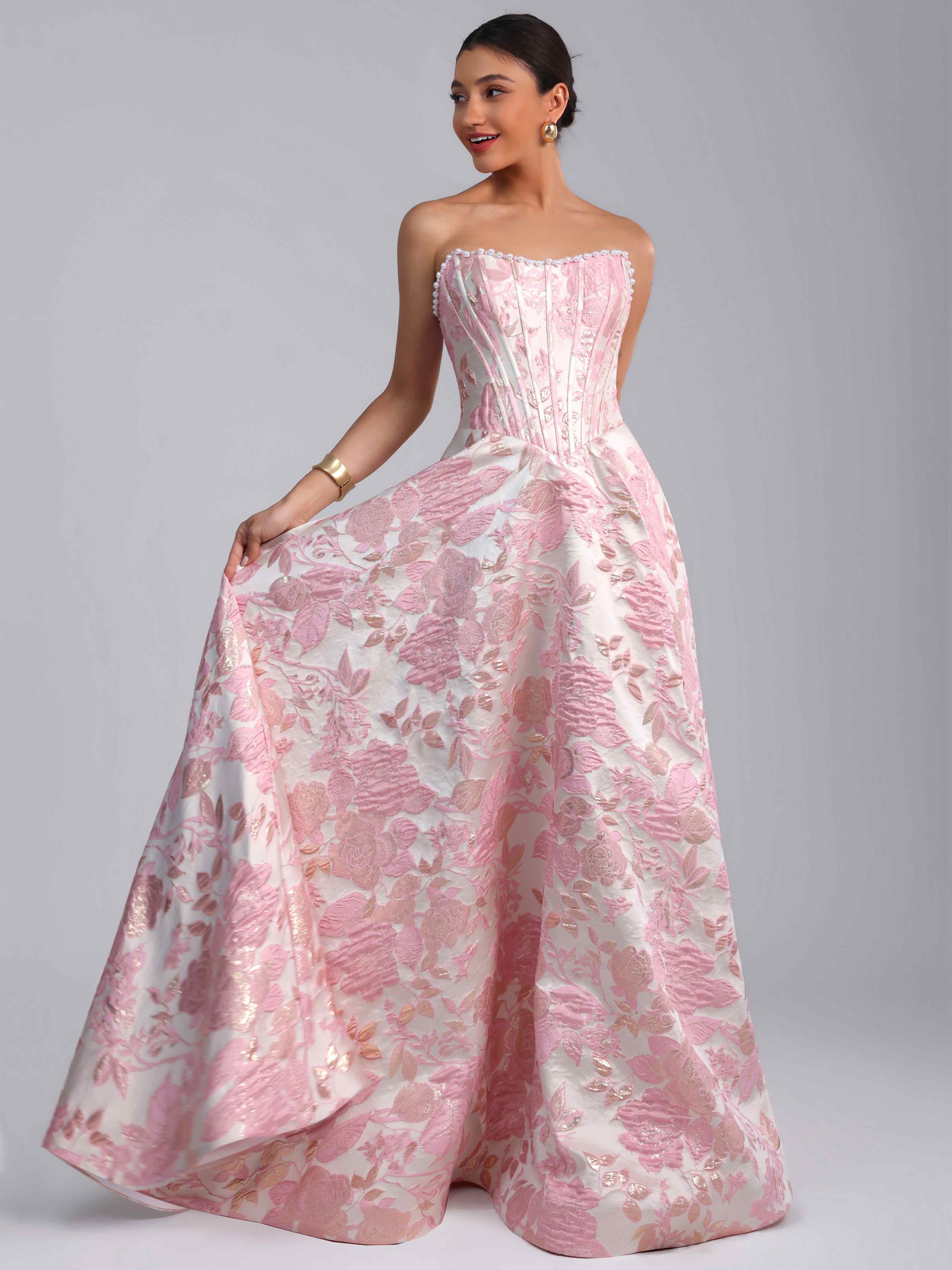 ROVDESY A-Line Strapless Jacquard Satin Prom Dress Long Ball Gown
