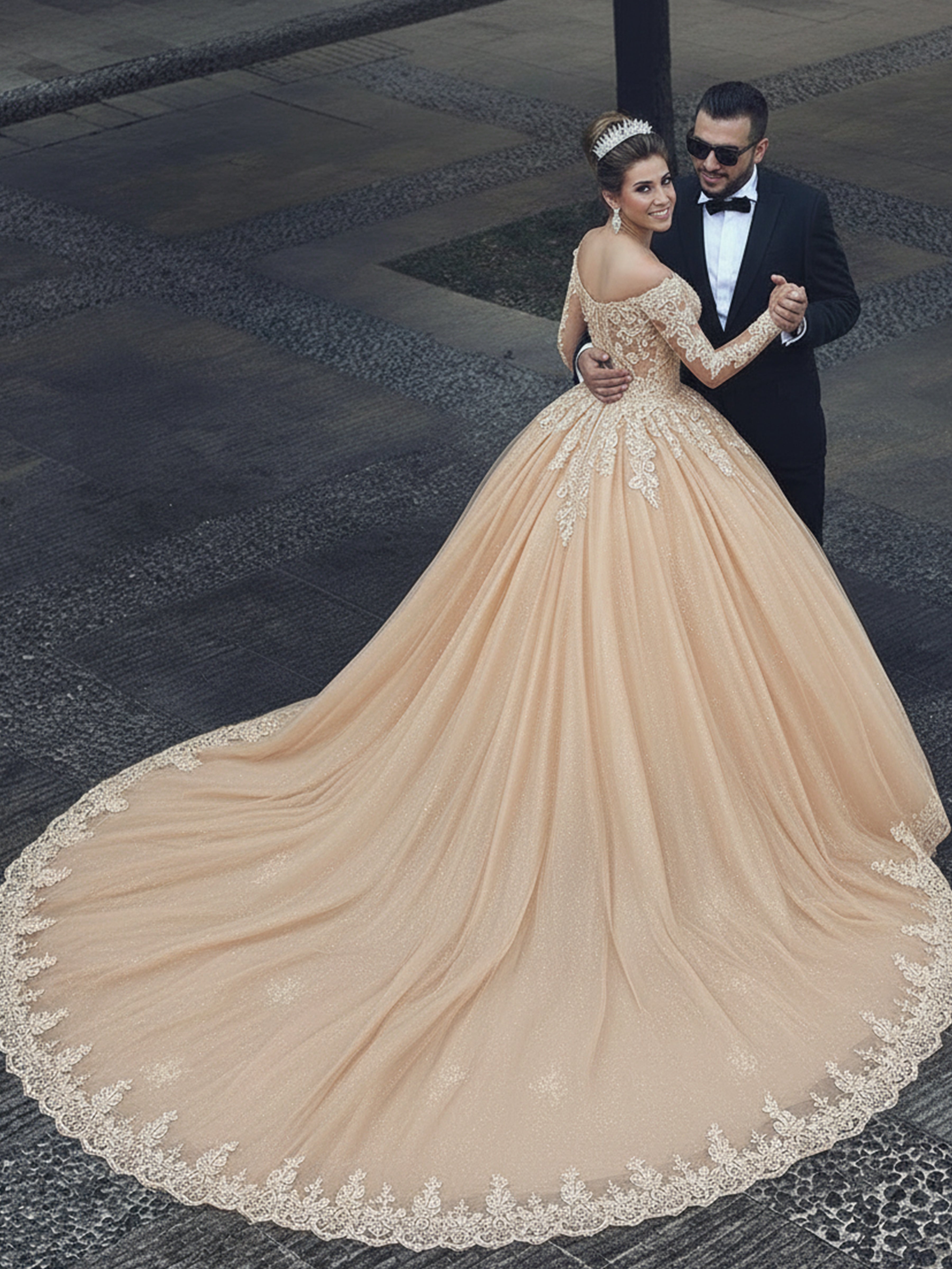 ROVDESY Off The Shoulder Long Sleeve Lace Appliques Ball Gown Wedding Dress with Cathedral Train